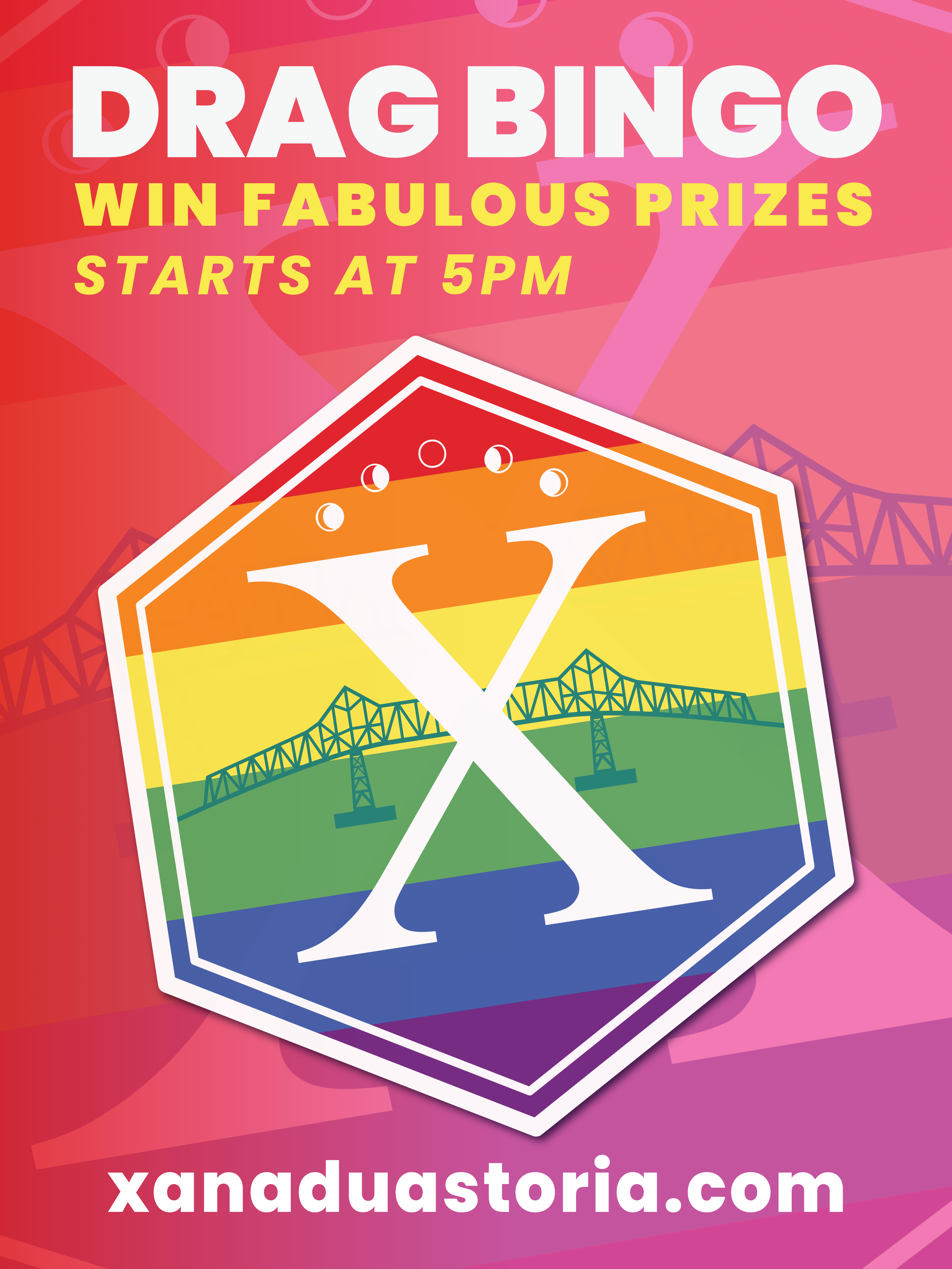 Pink background with abstract shapes, featuring a logo of a rainbow-colored bridge in an octagon shape and event details for Dragon Bingo with the website xanadustoria.com.
