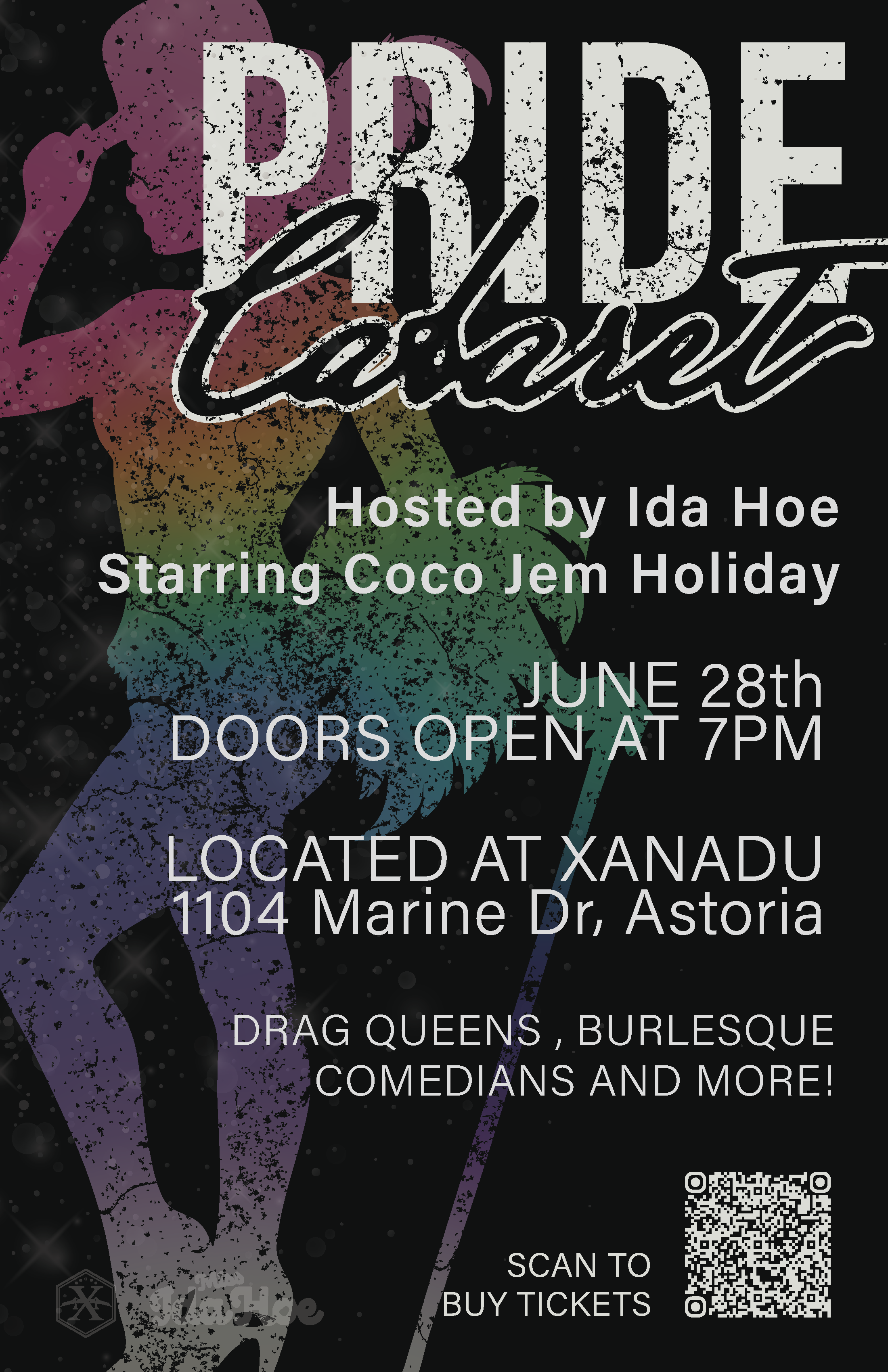 Event poster with a silhouette of a woman in a colorful dress and high heels, advertising 'Pride Couture,' hosted by Ida Hoe with Coco Jem Holiday, on June 28th at 1104 Marine Dr, Astoria. Doors open at 7 PM. Features drag queens, burlesque, comedian