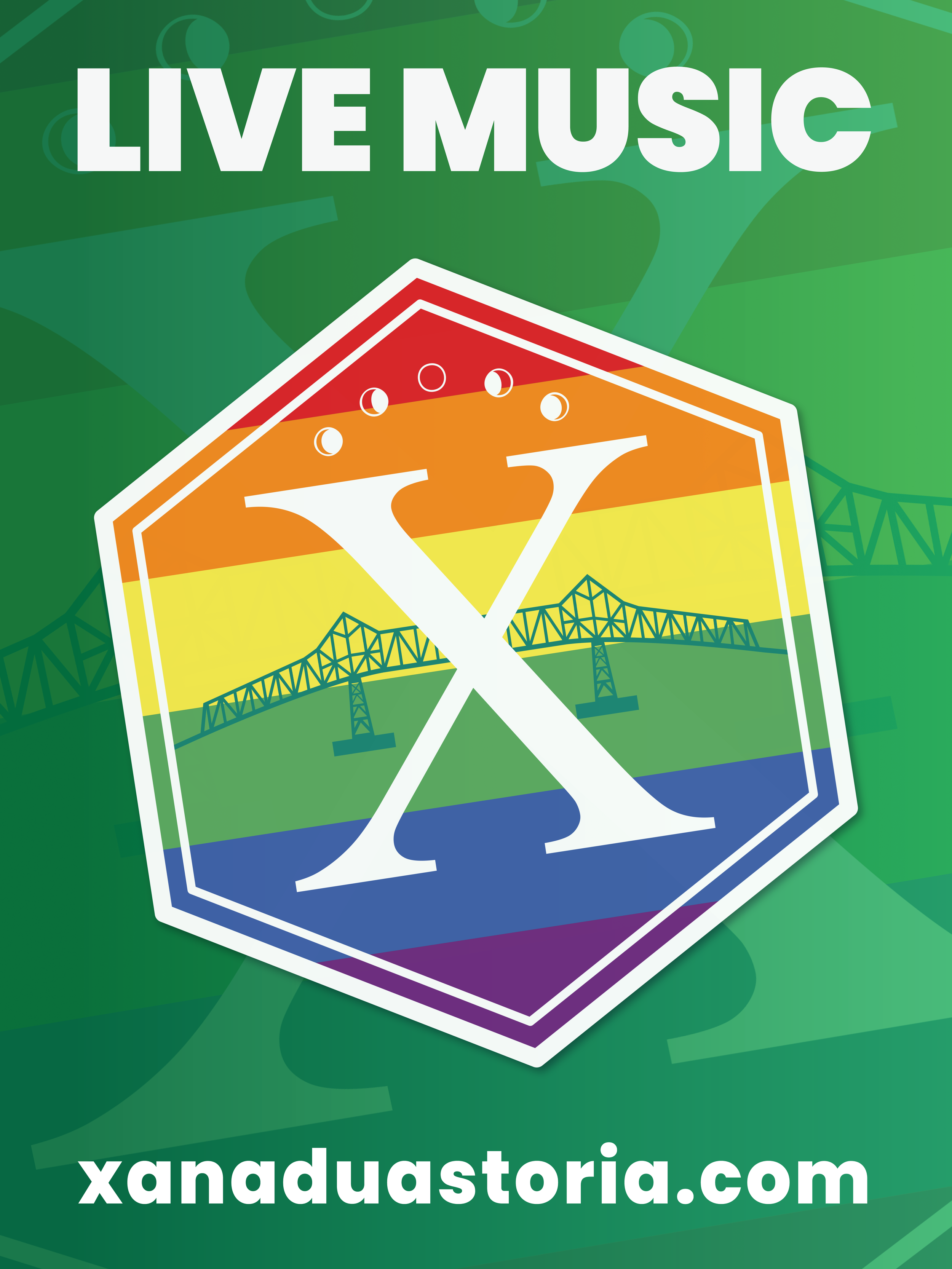 Logo with a large white letter X inside a rainbow-colored hexagon, set against a green background with a bridge silhouette, promoting the website xandustriia.com