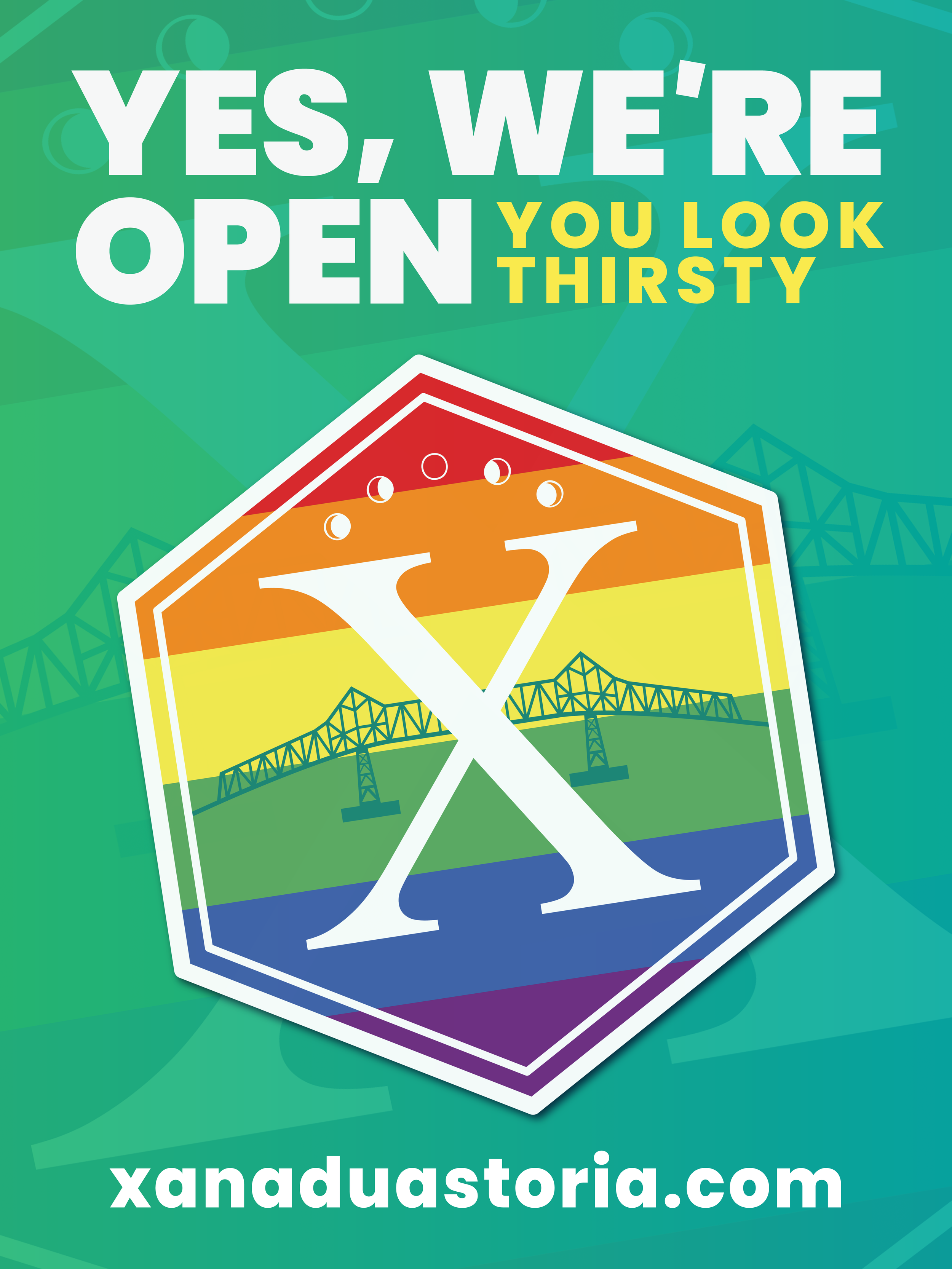 A colorful graphic promoting a website about wine, featuring a stylized glass with a rainbow gradient background and a bridge illustration. Includes the text 'YES, WE'RE OPEN YOU LOOK THIRSTY' and the website URL 'xanduastoria.com'.