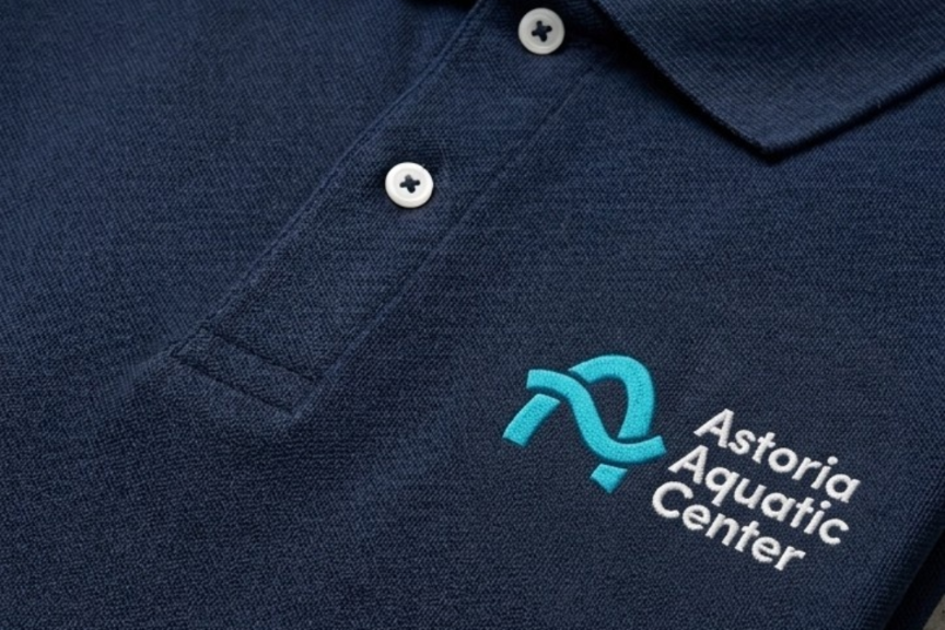 Close-up of a navy blue polo shirt with buttons, featuring the embroidered logo of Astoria Aquatic Center, which includes a stylized wave design in turquoise and the center's name.