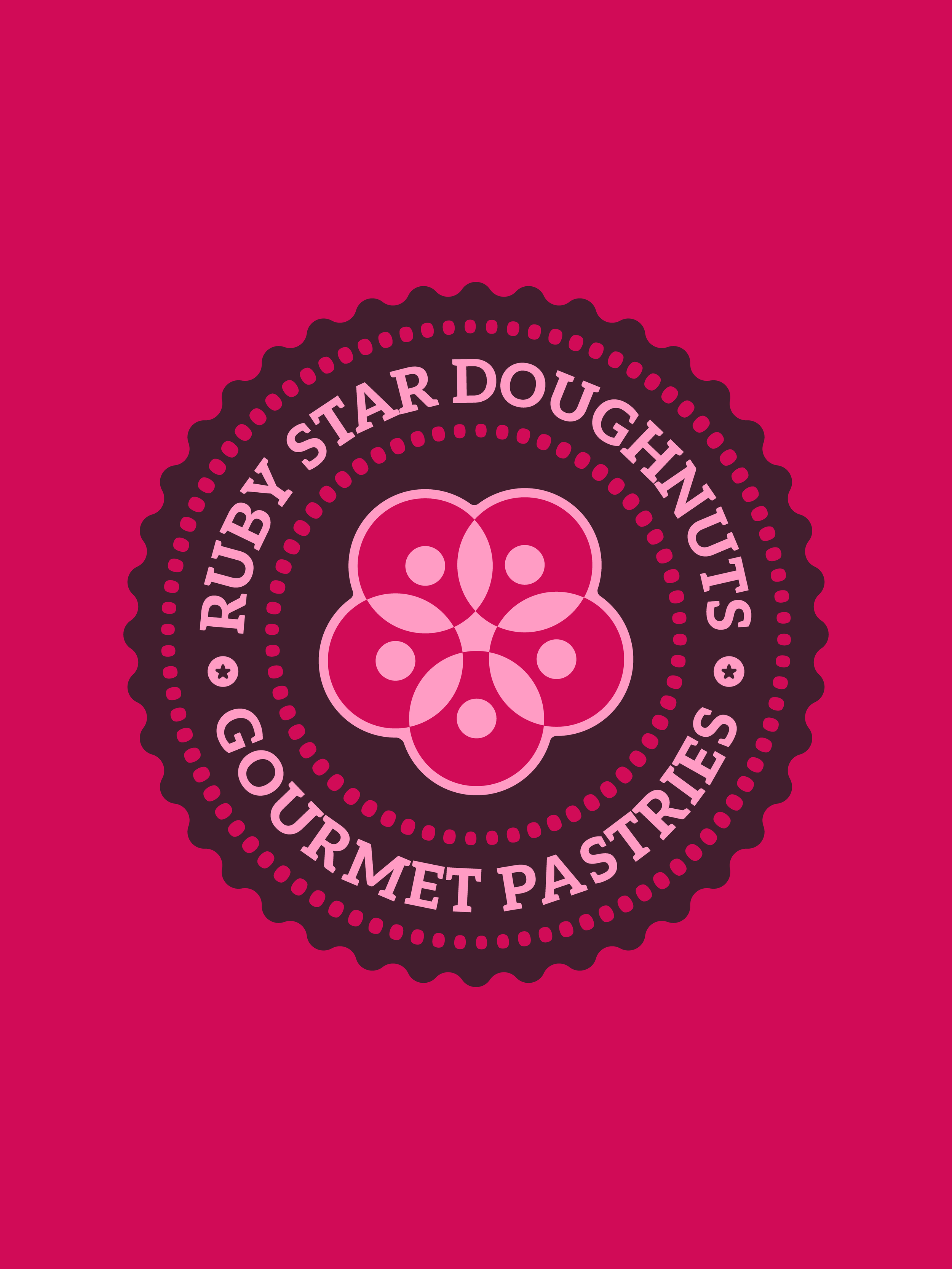 A pink background with a circular logo in the center featuring a cluster of pink and white geometric shapes. Surrounding the logo is text that reads "GOURMET PASTRIES BY STARTAR DOUGHNUTS" in capital letters.