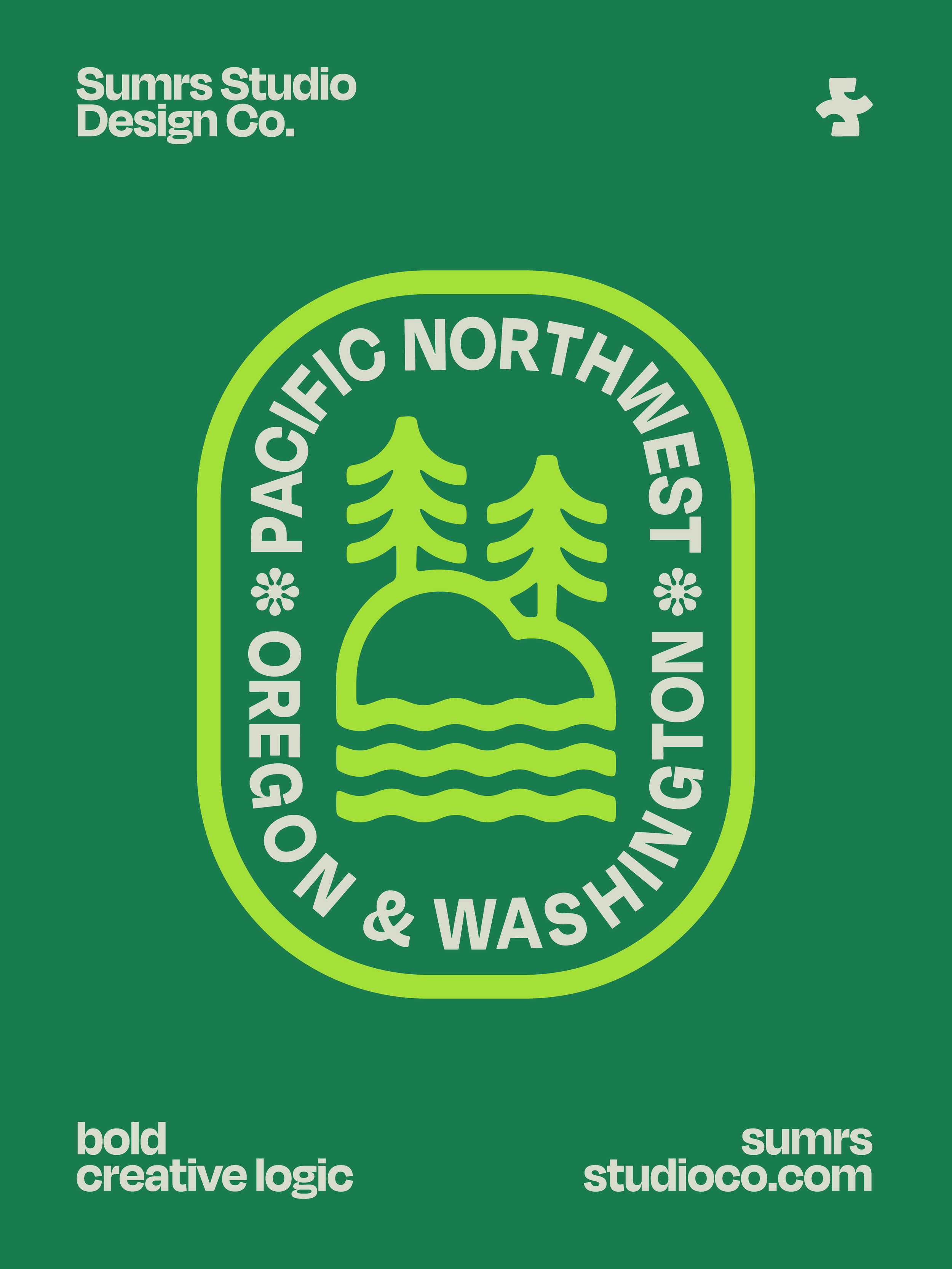 A graphic with a dark green background features a white circular emblem with a stylized pine tree and water waves inside, surrounded by the text 'OPERATION PACIFIC NORTHWEST OREGON & WASHINGTON'. The top left corner has the text 'Sumrs Studio Design 