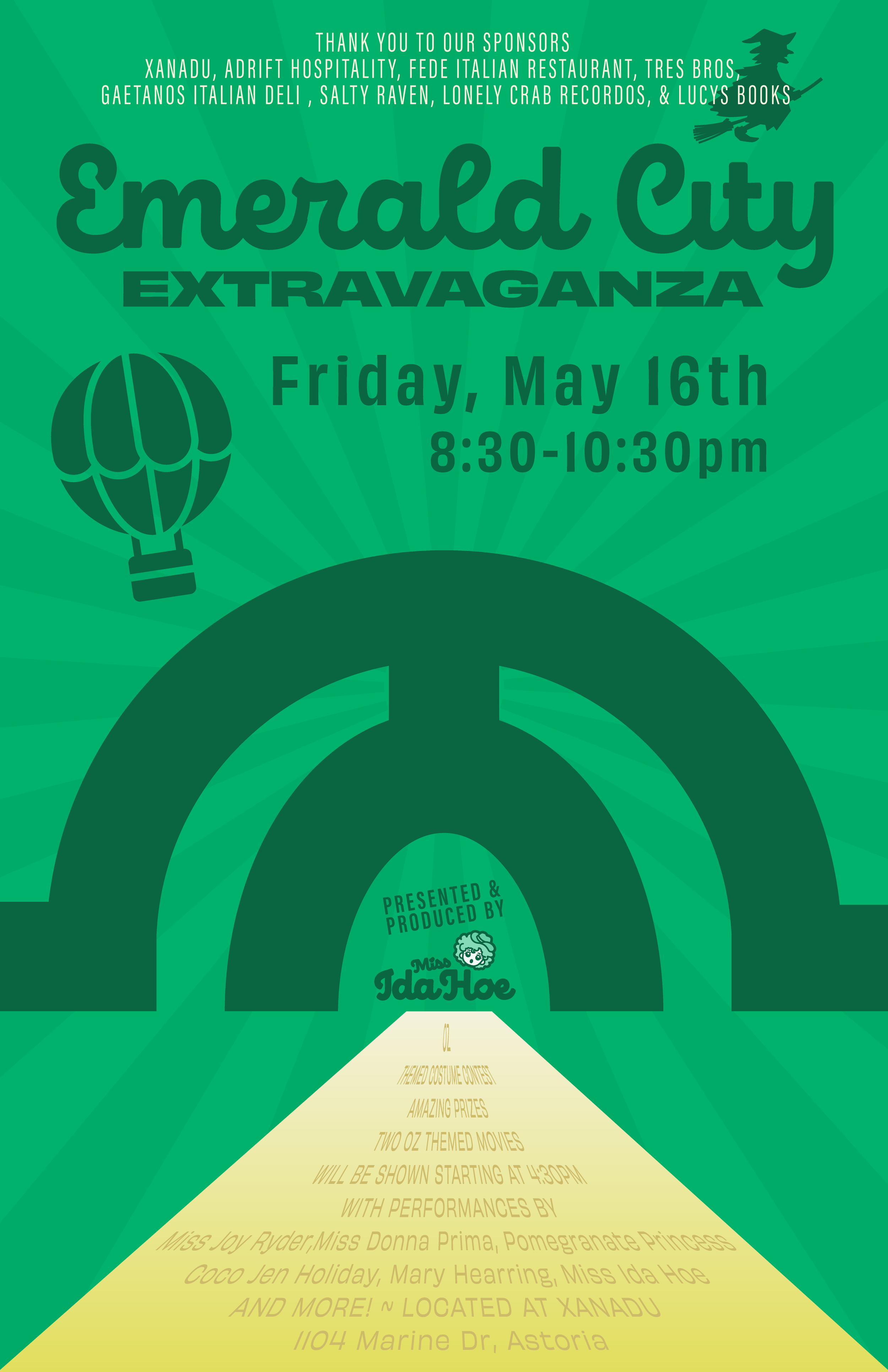 Green event flyer with hot air balloon graphic, promoting the Emerald City Extravaganza on Friday, May 16th from 8:30 to 10:30 pm, featuring themed costume contests, prizes, movies, performances by Miss Joy Ryder, Miss Donna Prima, and others, with s