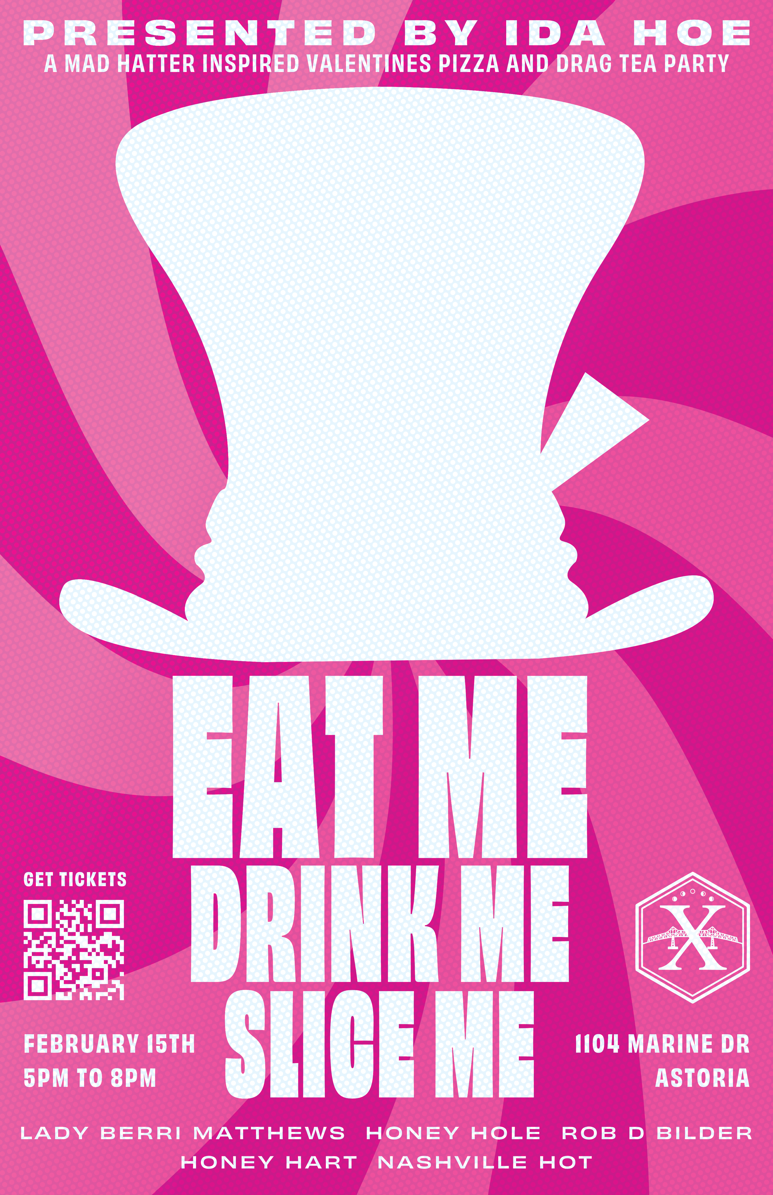 Pink promotional poster for a Valentine's Day pizza and drag tea party presented by Ida Hoe. Features large white text with event details, a QR code, and a logo at the bottom right corner. The background has various pink shapes and patterns.
