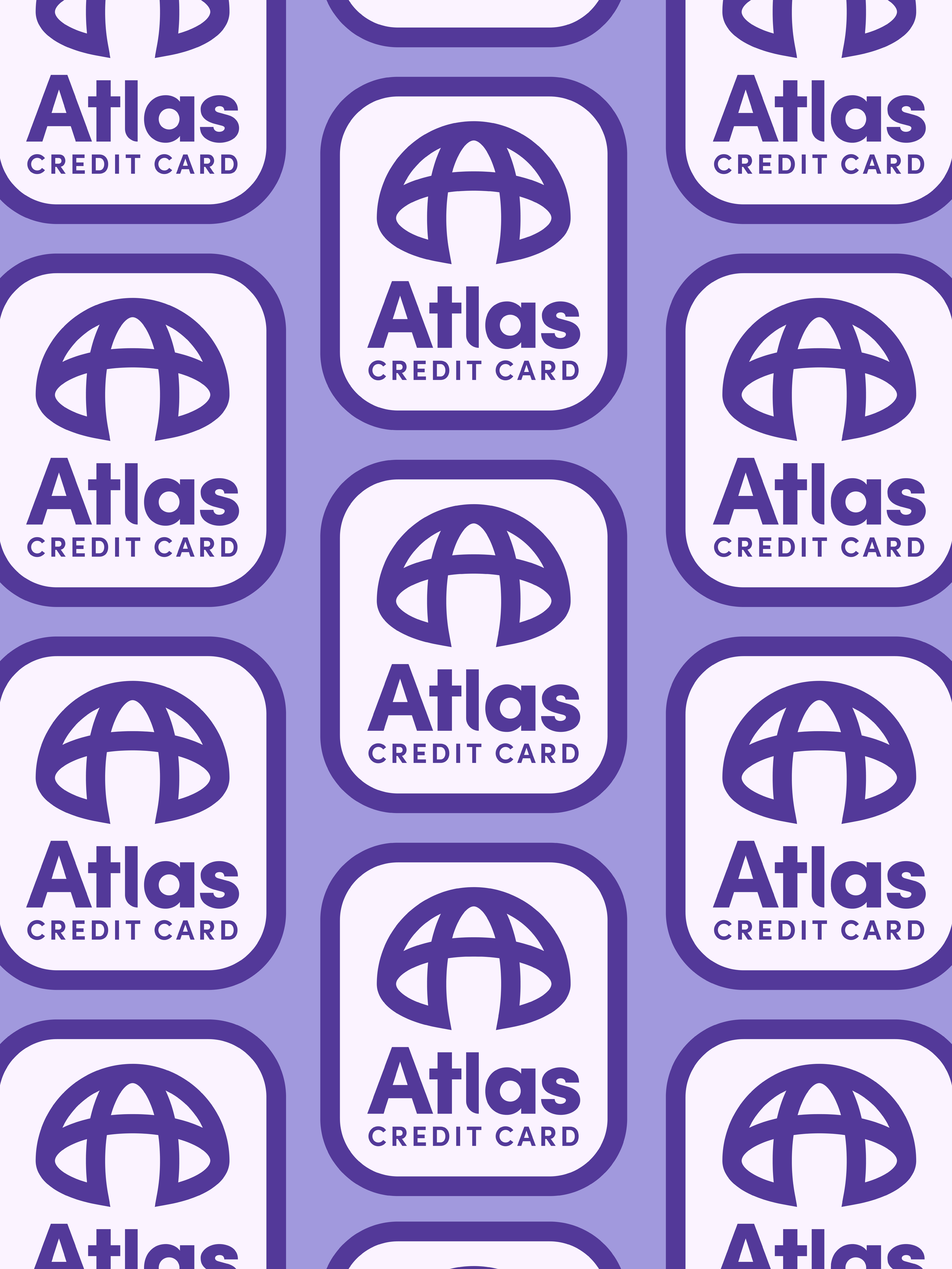 Repeating pattern of Atlas Credit Card logo with a globe icon and the words 'Atlas Credit Card' in purple and white on a purple background.
