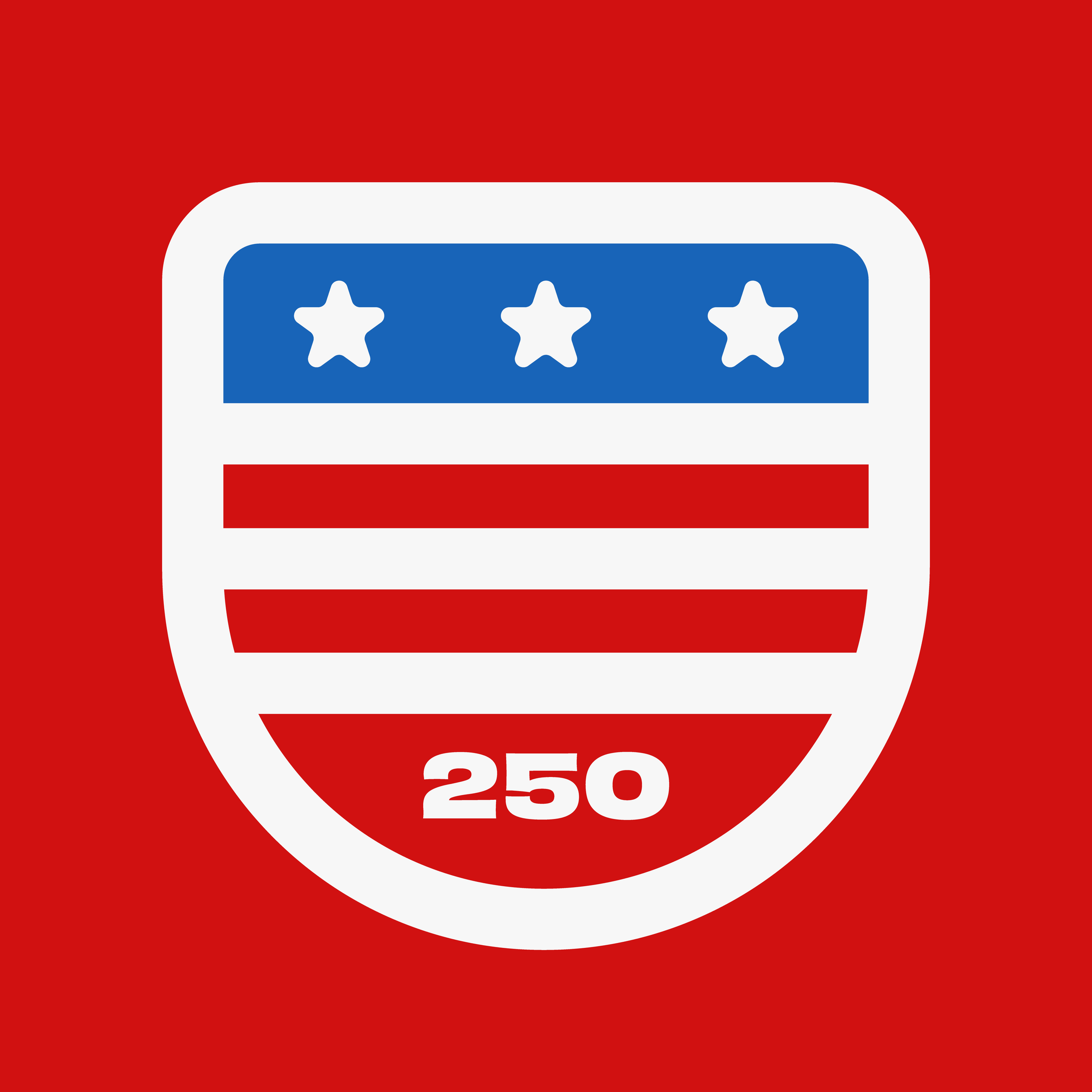 Close-up of a road sign with a red background, white border, blue rectangle with three white stars, and white text displaying the speed limit of 250.