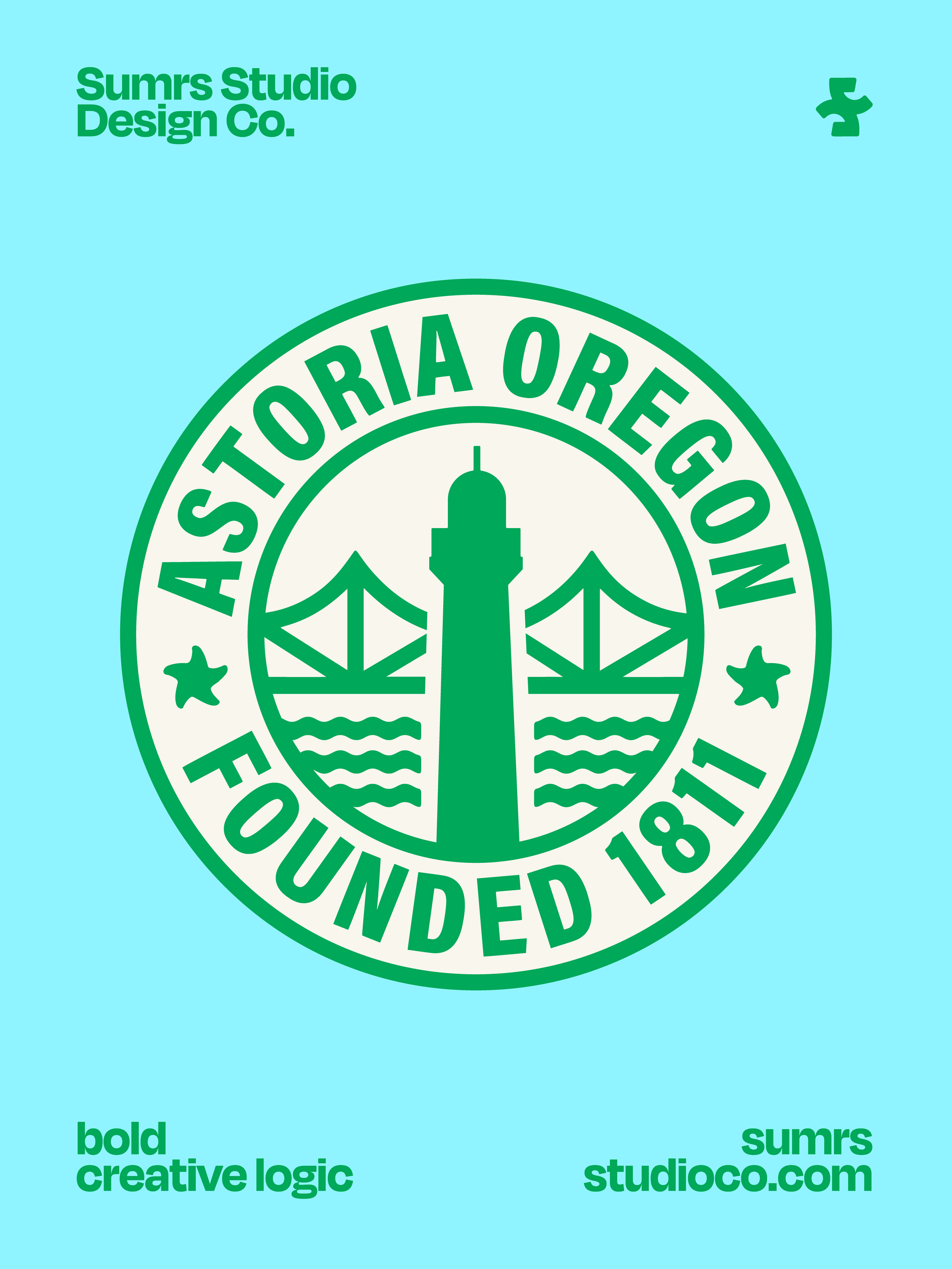 A design featuring a circular logo with the words "Toronto Oregon" and "Founded 1811" around the circle, with a central imagery of a lighthouse with waves, all in green on a light blue background. Text includes "Sumrs Studio" in the top left, "bold" 
