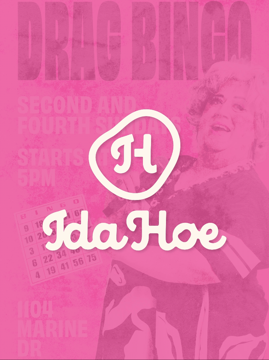 A promotional poster for the Drag Bingo event featuring a woman with curly hair, text about the event details, a bingo card, and a pink monochrome background.