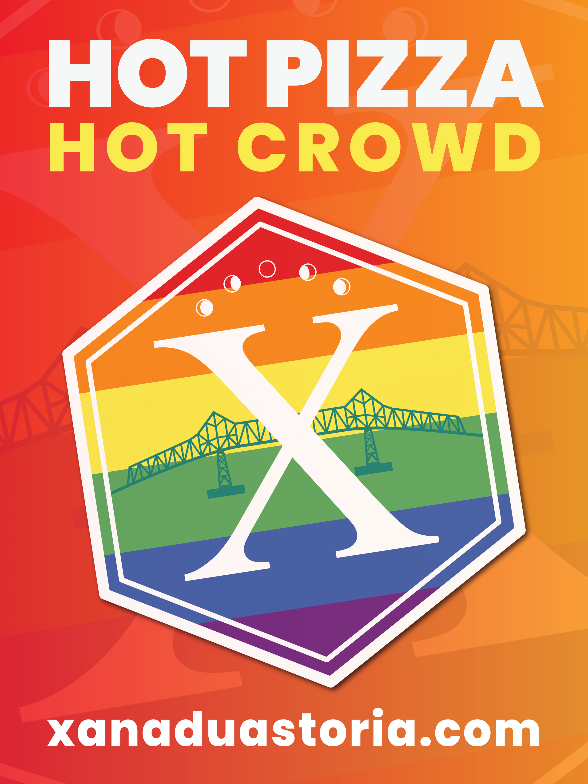 A promotional banner for a company called Xanduatstoria.com featuring a colorful rainbow-themed bridge logo with the slogan 'Hot Pizza, Hot Crowd' in bold text.
