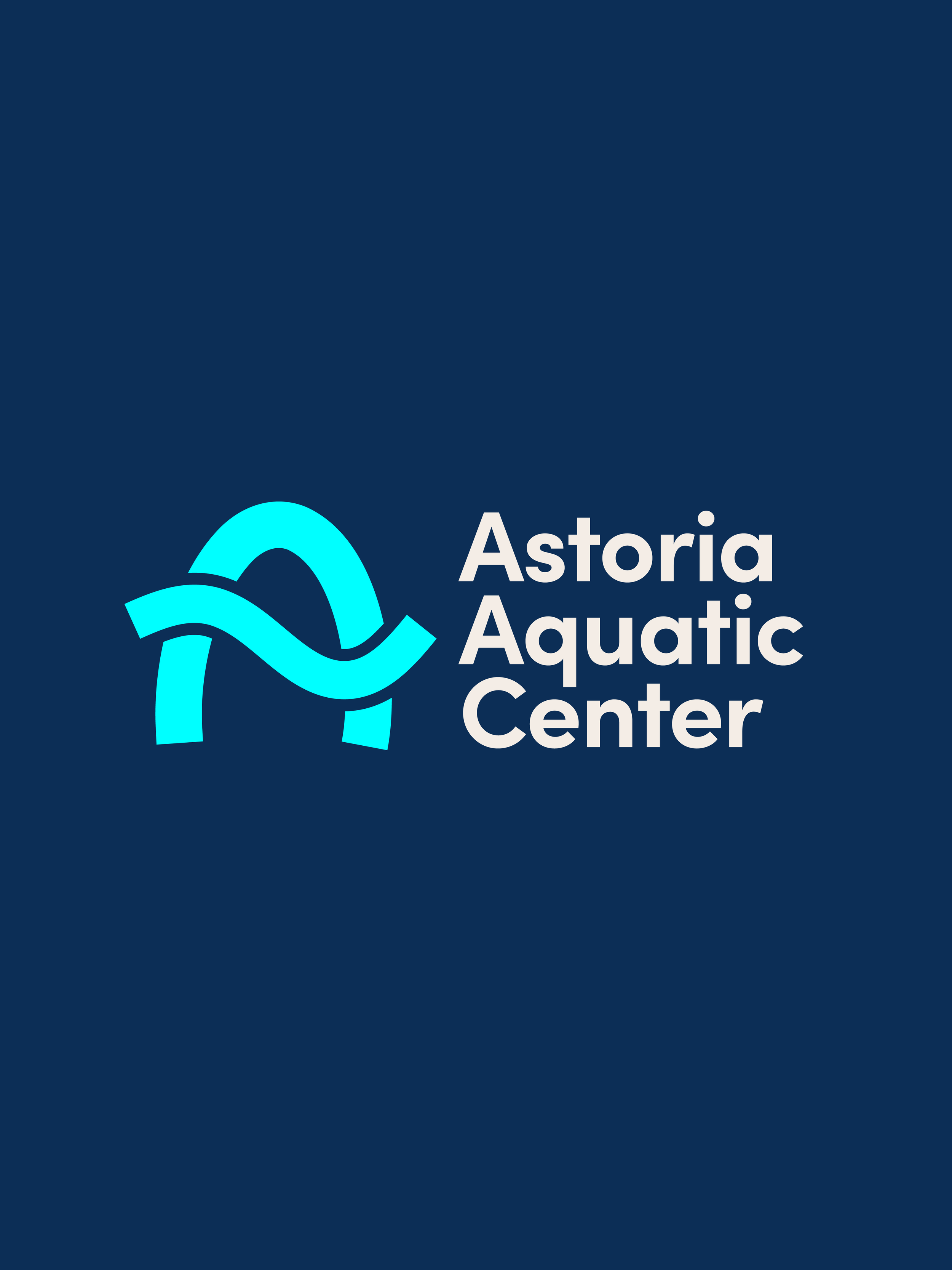 Logo of Astoria Aquatic Center with stylized water waves in blue and white against a dark blue background.