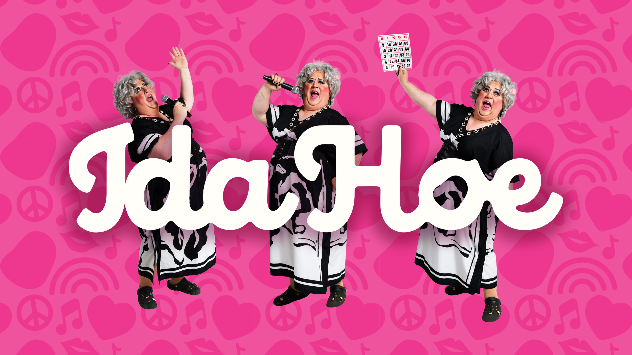 Three people dressed as drag queens performing in front of a pink background with musical and peace sign icons. They are holding microphones and a bingo card, with a large white sign spelling 'bingo' in front of them.