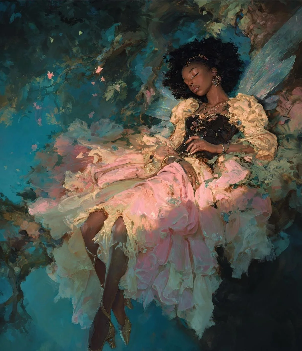 A woman with curly hair, dressed in a black top and a pastel pink and cream dress, lying on a bed surrounded by lush greenery and blue foliage, appearing to be asleep or resting.