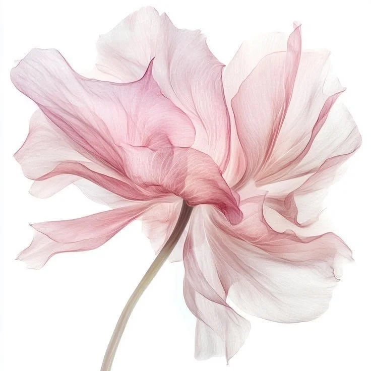 A delicate, light pink flower with ruffled petals and a thin stem, photographed against a white background.