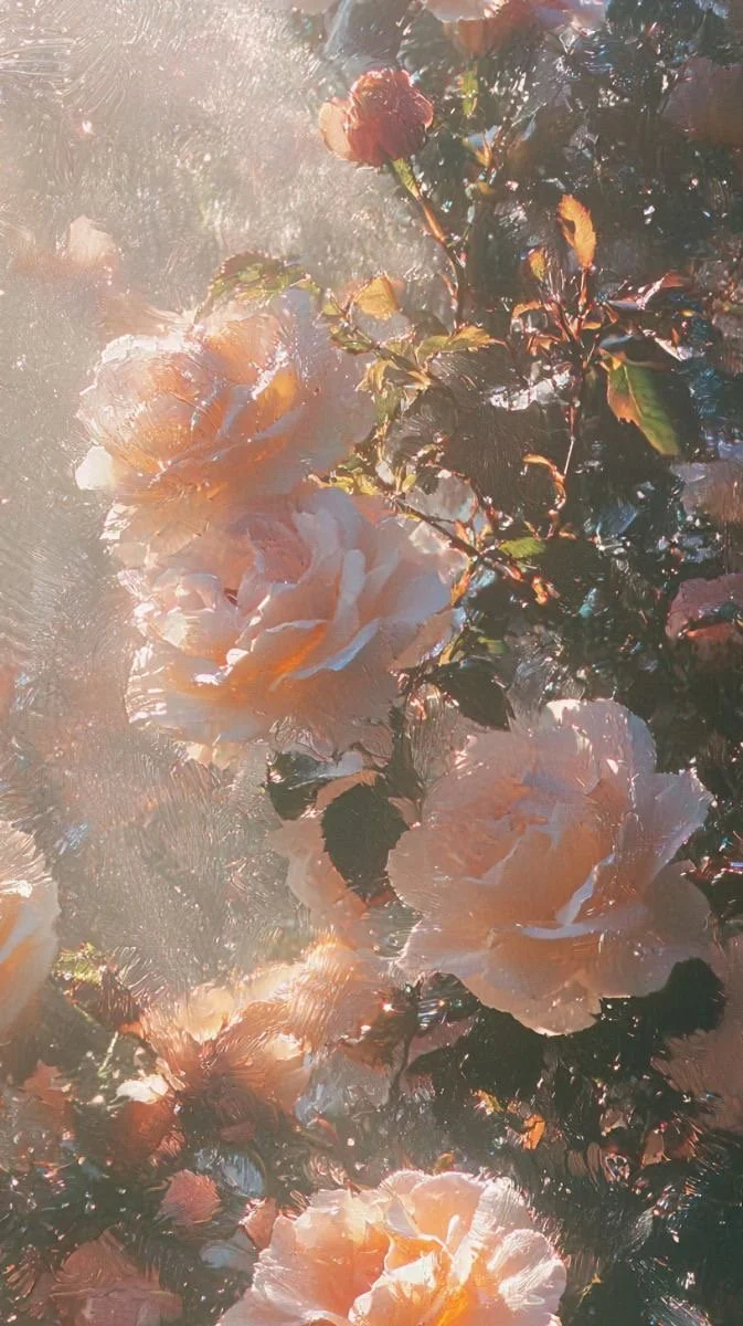 Close-up of pink and peach roses with sunlight and reflections creating a dreamy atmosphere.