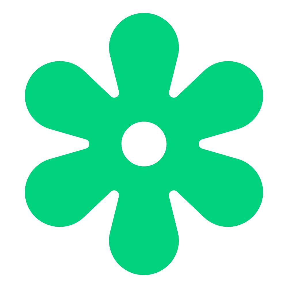 Diagrama con figura de flor verde de seis pétalos sobre fondo negro.