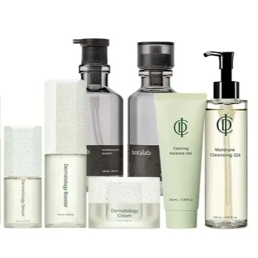 Collection of RIMAN skincare products including cleansers, creams, balancers, and oils in clear bottles with minimal labels.