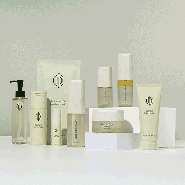 Collection of RIMAN skincare products, including cleansers, masks, creams, and gels, displayed on white geometric stands against a plain background.