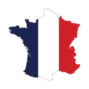 Die Umrisse der Landkarte von Frankreich sind in den Nationalfarben Blau, Weiß und Rot ausgefüllt. Diese klare grafische Darstellung dient als erkennbares Symbol für Französisch Nachhilfe und die Vertiefung der französischen Sprachkenntnisse