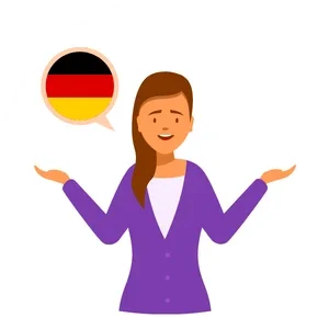 Eine lächelnde Lehrerin in violetter Kleidung präsentiert mit offenen Armen eine Sprechblase, in der die deutsche Flagge zu sehen ist. Die freundliche Illustration vermittelt eine einladende Atmosphäre für Deutsch Nachhilfe und erfolgreiches Lernen