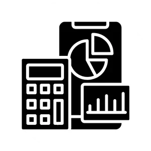 Ein schwarzes Icon zeigt einen Rechner, ein Kreisdiagramm und Balken-Statistiken. Es symbolisiert die Analyse von Finanzdaten in einer professionellen Rechnungswesen Nachhilfe