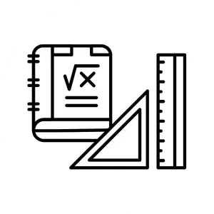 Ein minimalistisches schwarzes Icon zeigt ein Mathe-Notizbuch mit einer Quadratwurzel-Formel auf dem Cover, daneben liegen ein Geodreieck und ein Lineal. Die klaren Linien auf weißem Grund symbolisieren strukturierte Mathe Nachhilfe