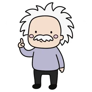 Eine charmante Comic-Figur im Stil von Albert Einstein mit wildem weißen Haar und Schnurrbart hebt belehrend den Zeigefinger. Die freundliche Illustration auf weißem Grund dient als motivierendes Symbol für qualifizierte Physik Nachhilfe