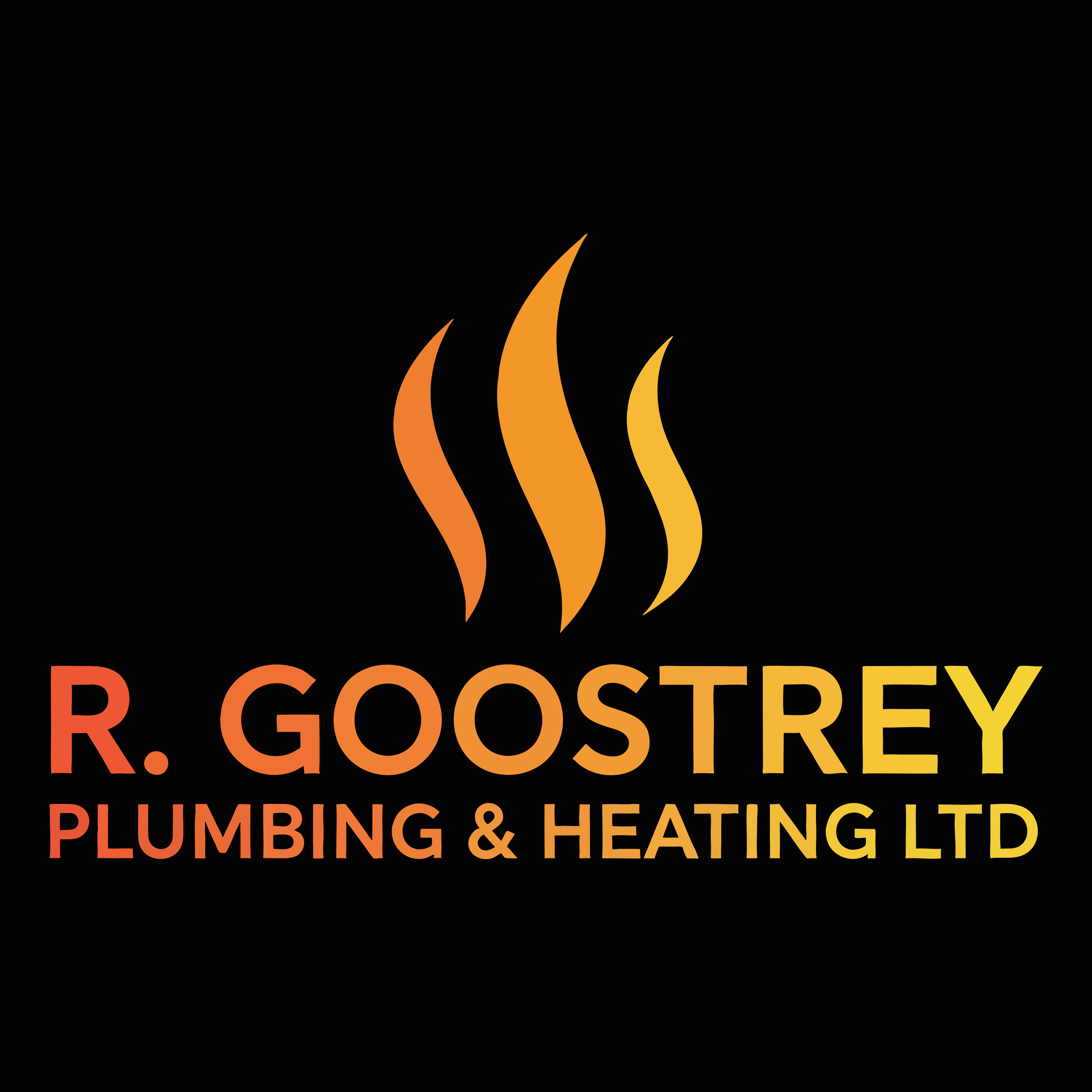 Logo of R. Gostery Plumbing & Heating Ltd with three stylized flames in shades of orange and yellow and company name in orange and yellow text on a black background.