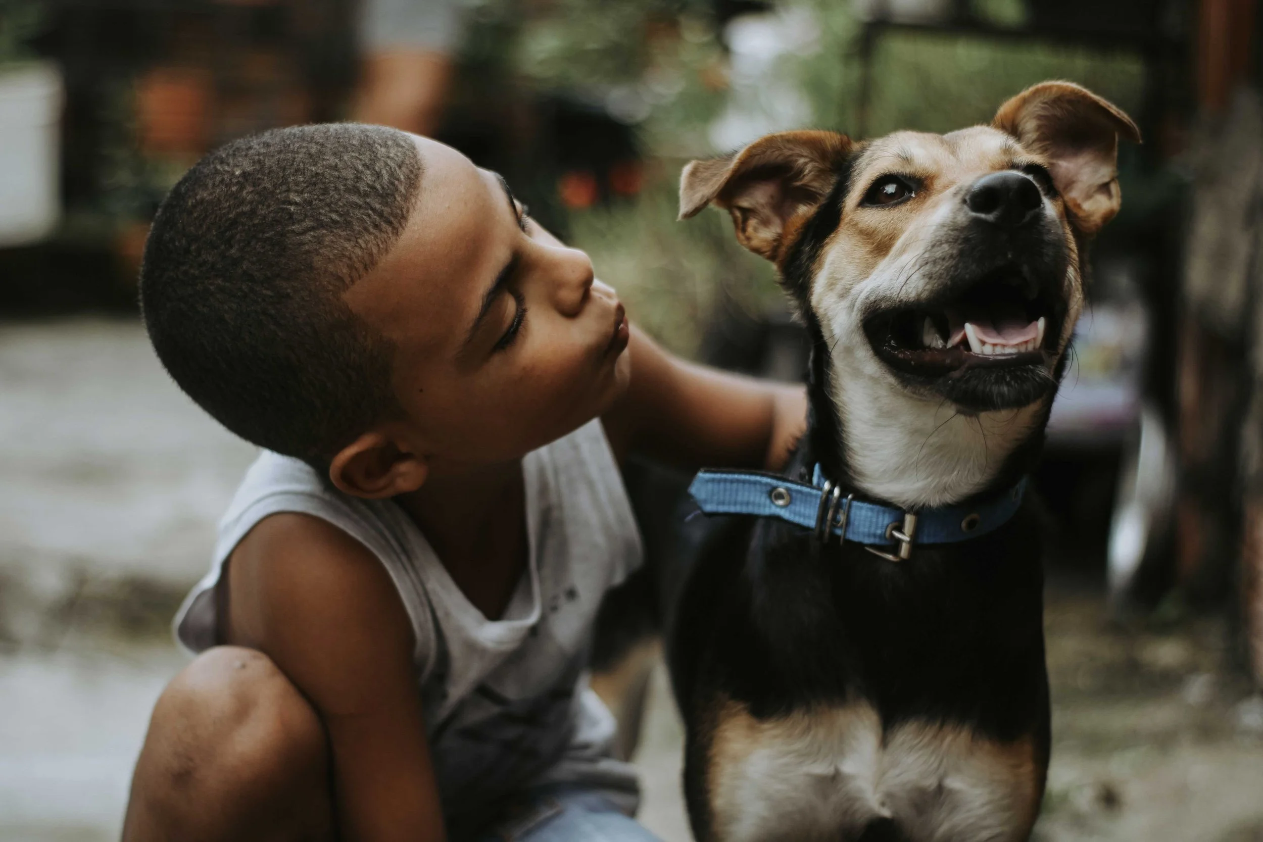 Young child affectionately petting a smiling dog, illustrating the supportive bond between children and companion animals.