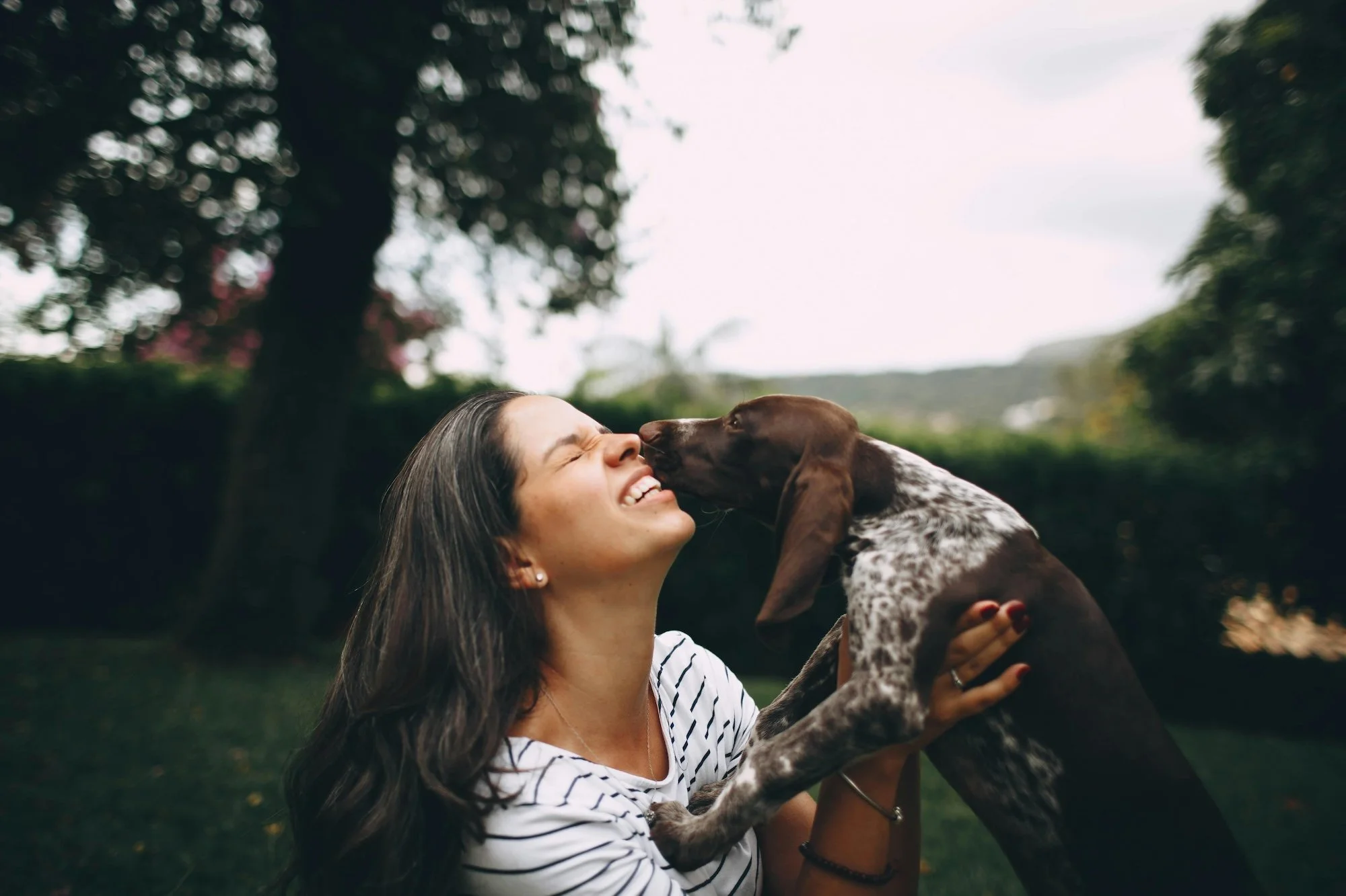 A woman with long brown hair and a striped shirt is smiling as a brown and white dog licks her face outdoors during daytime.