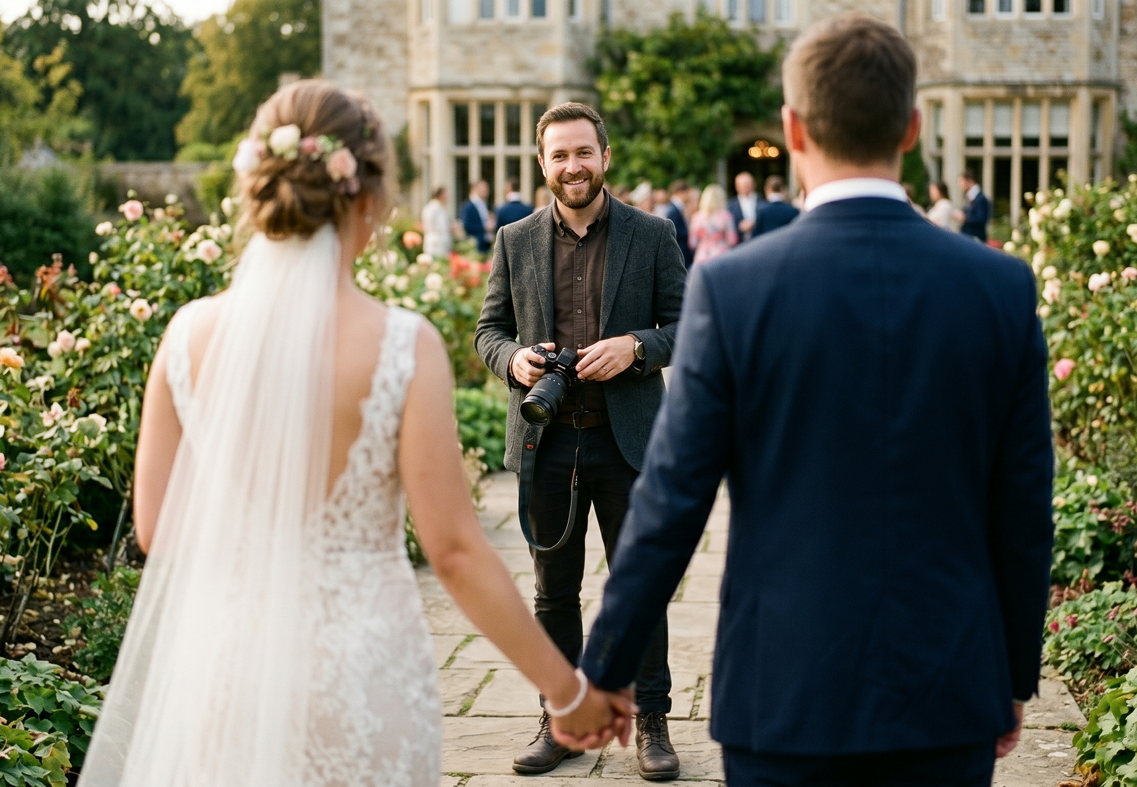 A wedding officiant standing outside during a wedding ceremony, holding a camera and smiling at the couple who are holding hands. The bride and groom are facing each other, with the bride wearing a white dress with lace details and the groom wearing a dark suit. There are other guests in the background, and the scene is set in a garden with a large building in the background.