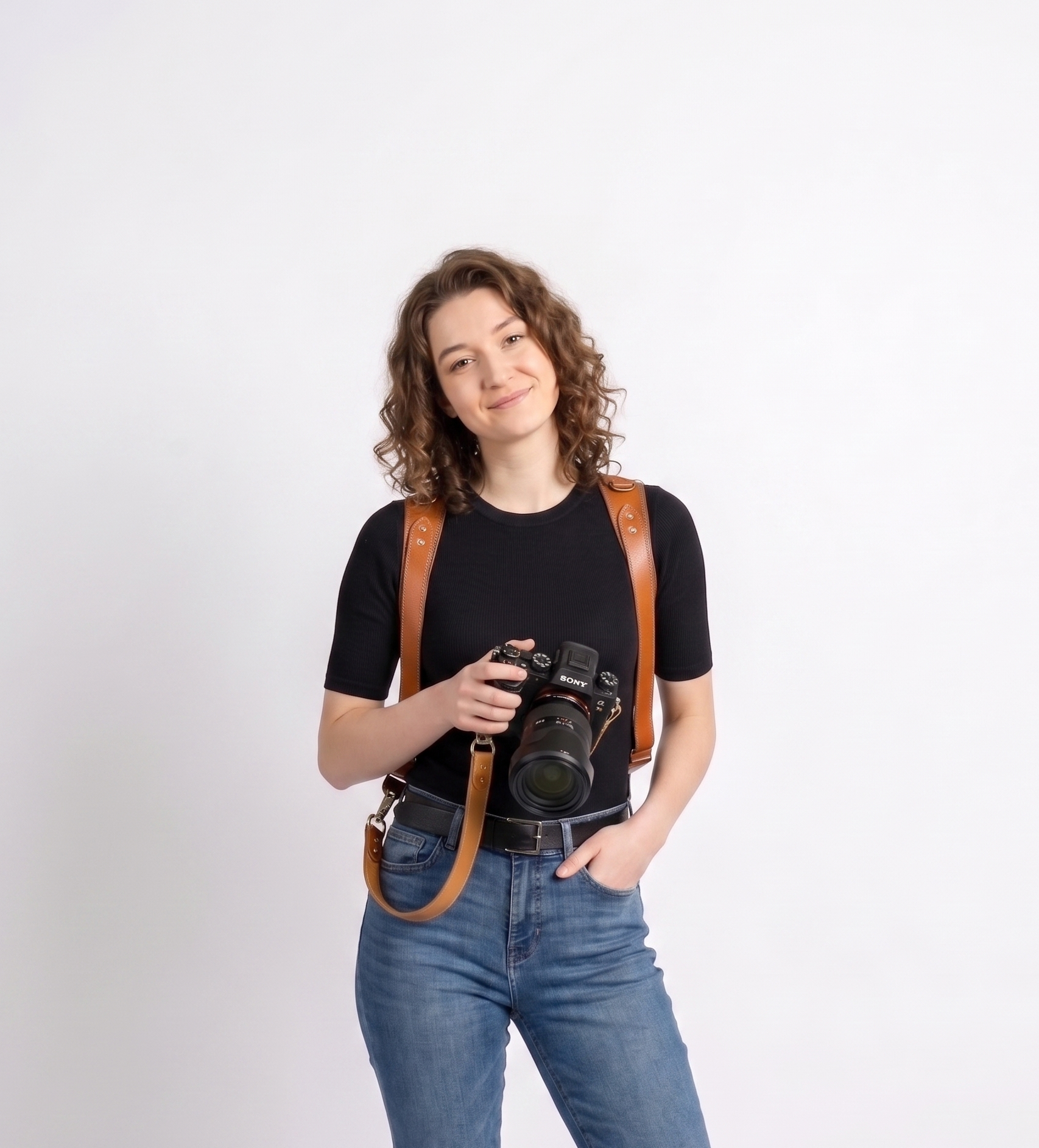 A young woman with curly brown hair and a black shirt stands against a plain white background, holding a Sony DSLR camera with a strap around her neck, smiling slightly, and wearing blue jeans and a brown leather backpack.