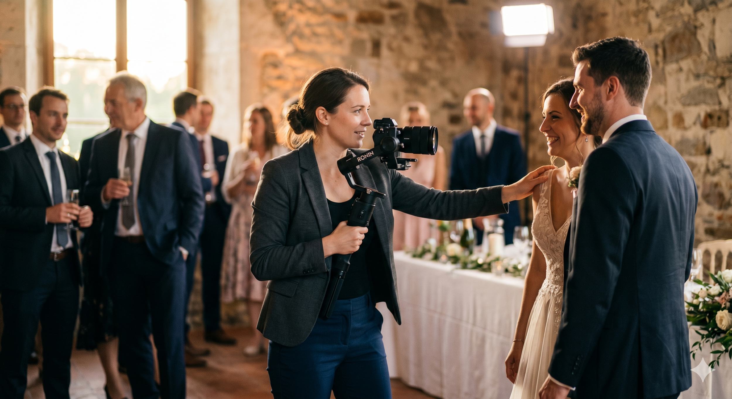 A woman with a camera capturing a moment at a wedding reception with a bride and groom smiling and holding hands, surrounded by guests in formal attire.