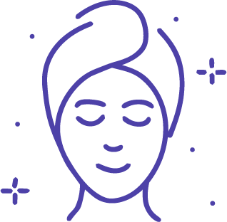 Icon in Linienzeichnung eines Gesicht mit geschlossenen Augen und Zopf, umgeben von kleinen Sternen