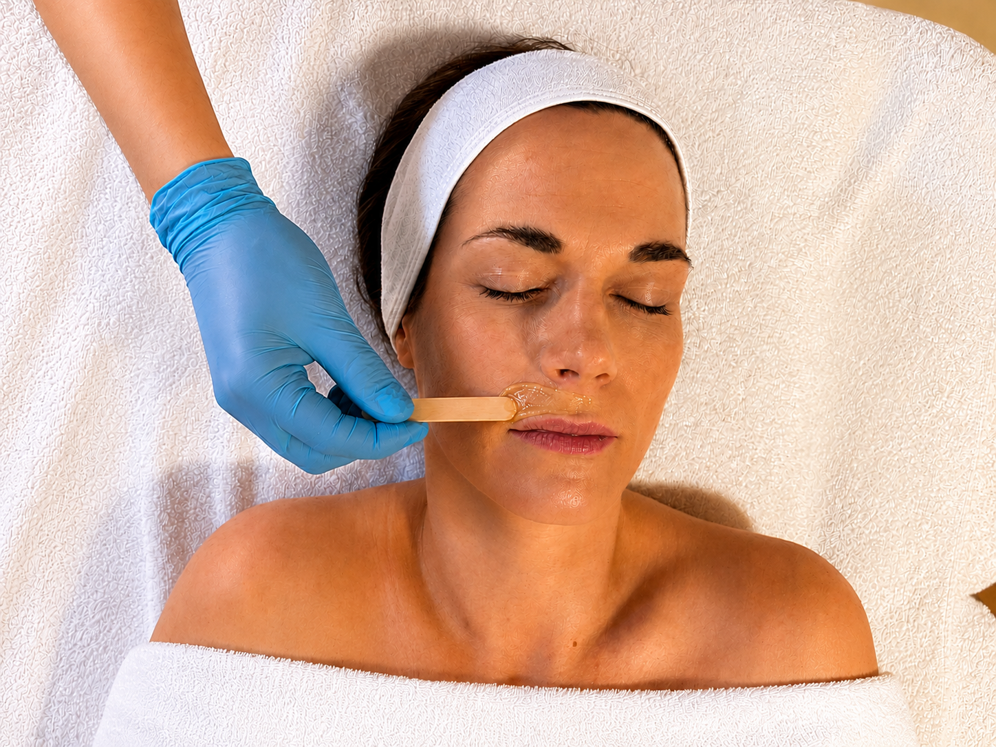 Frau erhält ein Oberlippen-Waxing, liegend auf einem Behandlungstisch im Kosmetikstudio Hautidee in Schwülper, mit Augen geschlossen, Trägerin trägt weißen Kopfband und Liege ist mit weißen Handtüchern bedeckt.