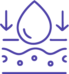 Icon eines Wassertropfens, der auf eine Hautschicht trifft, mit Pfeilen nach unten, symbolisiert Wasserabsorption oder -aufnahme.