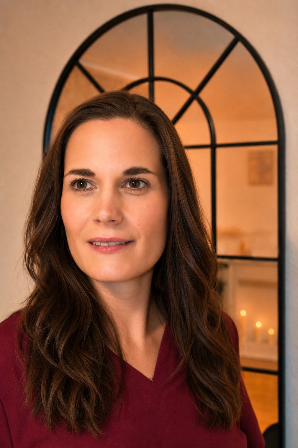 Porträt von Eileen Beil, Inhaberin von Hautidee, Kosmetistudio in Schwülper mit braunen, welligen Haaren, in einem dunkelroten Oberteil, vor einem dekorativen Fenster und einem gemütlichen, warm beleuchteten Innenraum.
