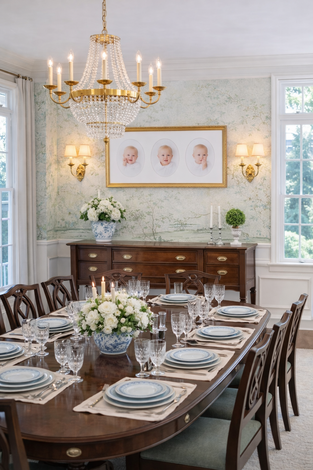 An elegant dining room with a large wooden table set with white and blue china, glassware, and linen napkins. A floral centerpiece with white flowers and candles is on the table. The room features a chandelier, wall sconces, a wooden sideboard, a framed photo of three babies, and large windows allowing natural light.