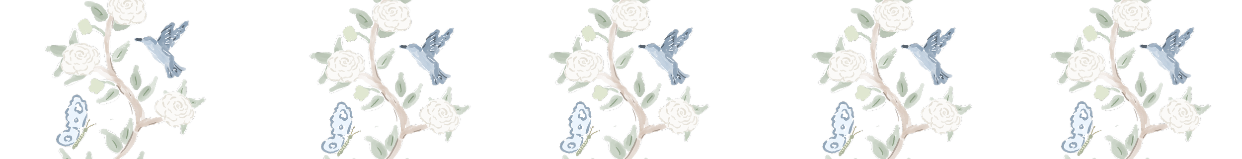 Decorative pattern featuring white roses, green leaves, blue hummingbirds, butterflies, and a butterfly motif, repeated across the design.