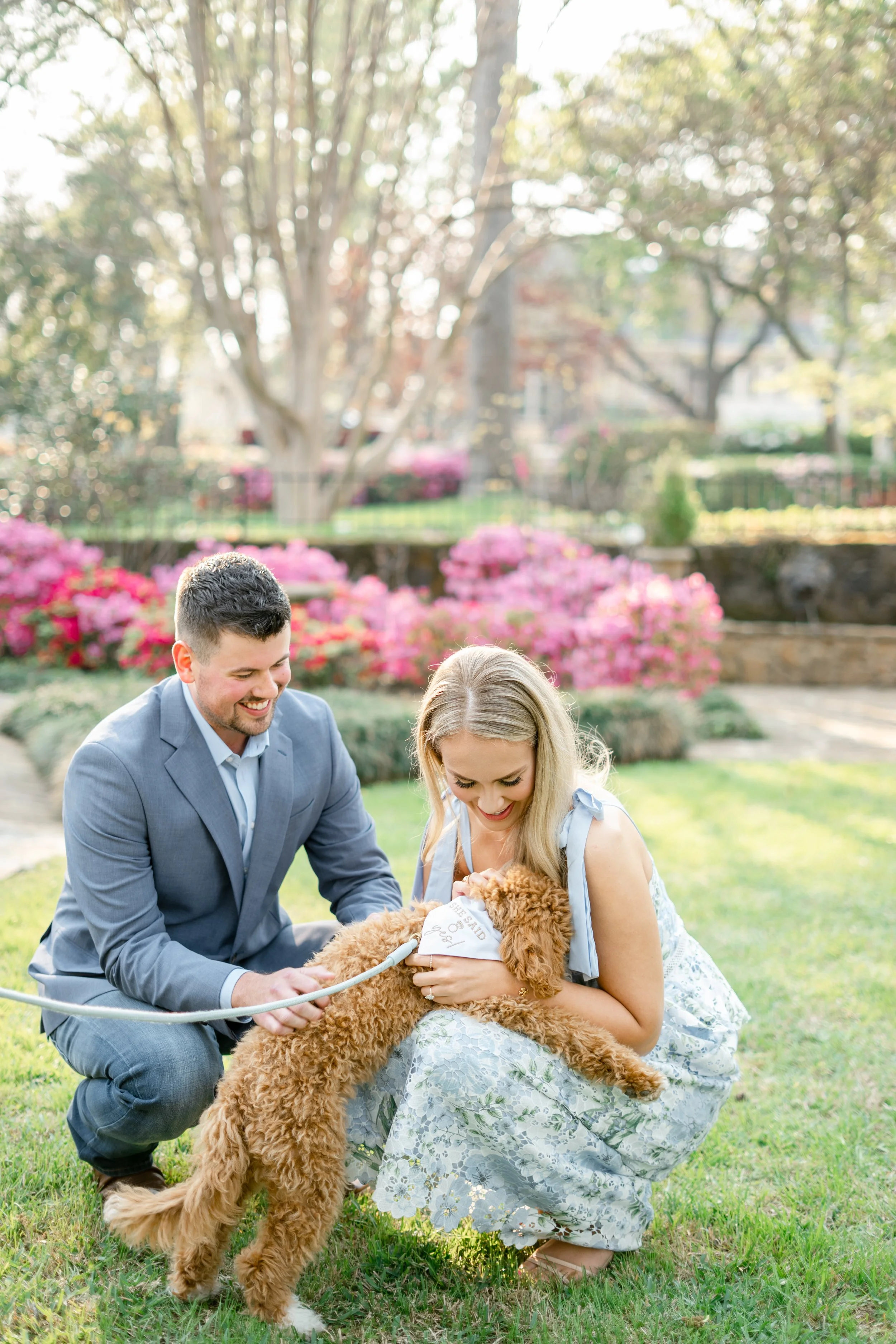 A couple is outside, kneeling on the grass, holding a dog dressed with a bow tie and a note. The woman is wearing a floral dress and is smiling while looking at the dog. The man, in a gray suit, is also smiling. The background features blooming pink flowers and trees.