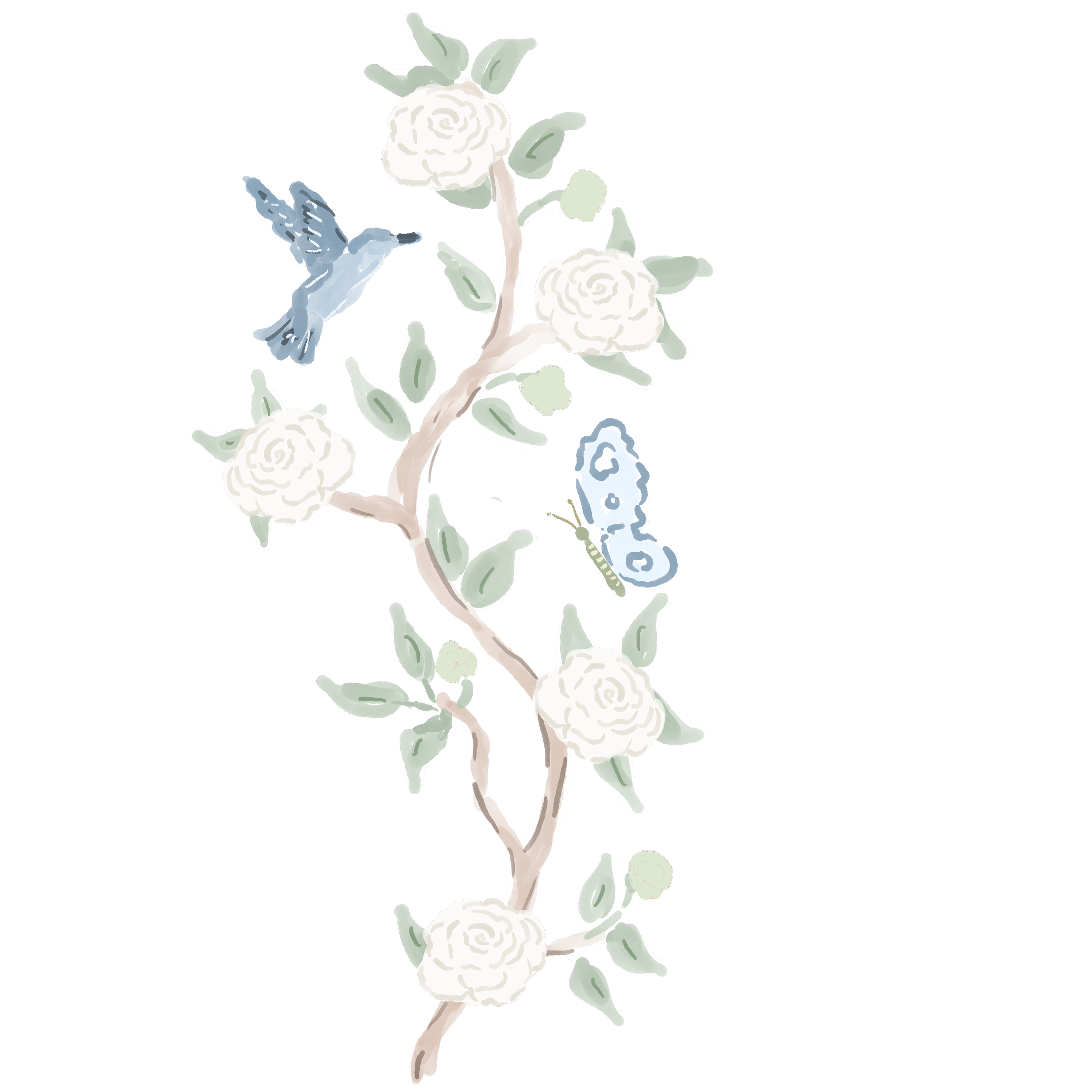 A delicate illustration of a branch with white roses, green leaves, a blue butterfly, and a small bird against a black background.