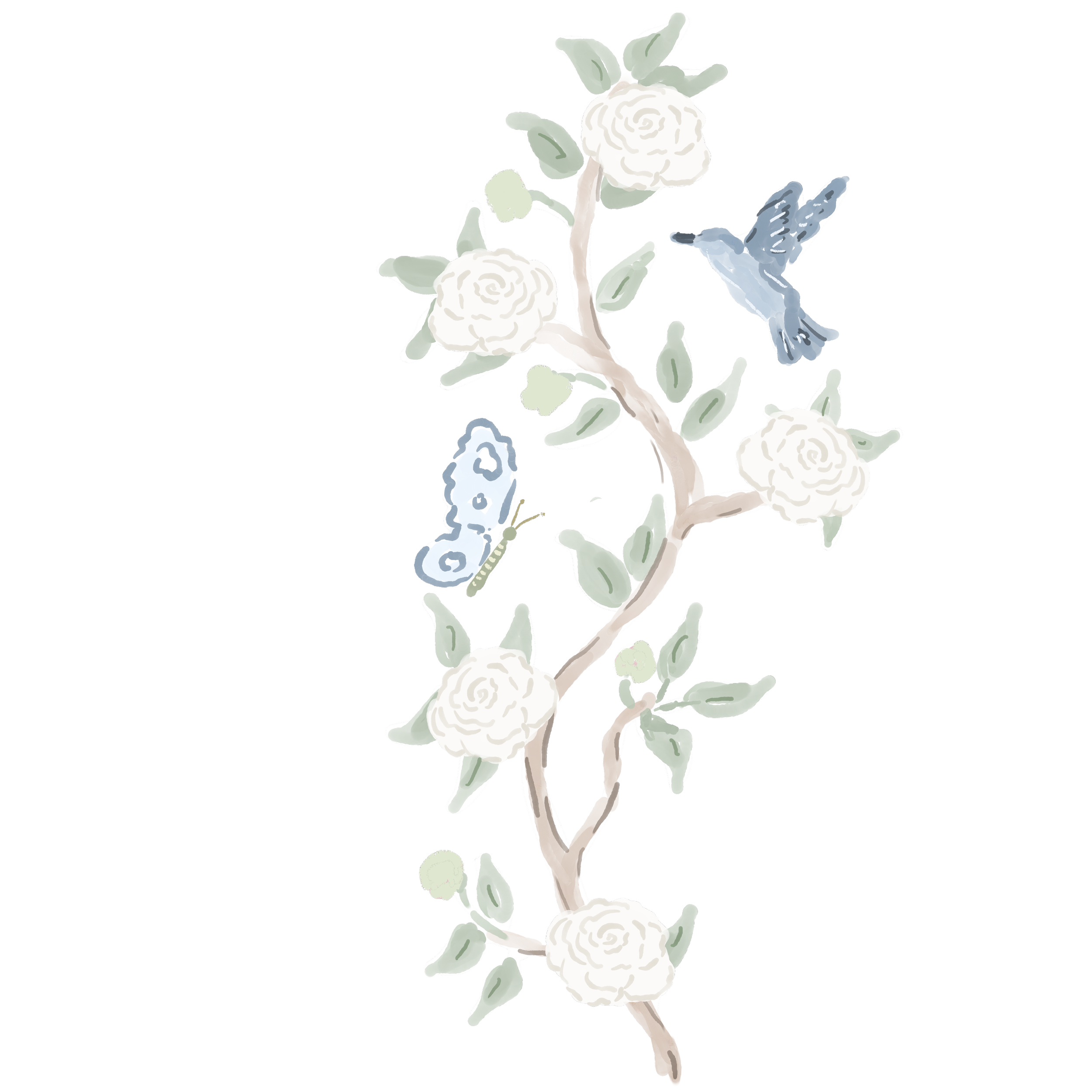 A digital illustration of a branch with white flowers, green leaves, and blue butterflies against a black background.