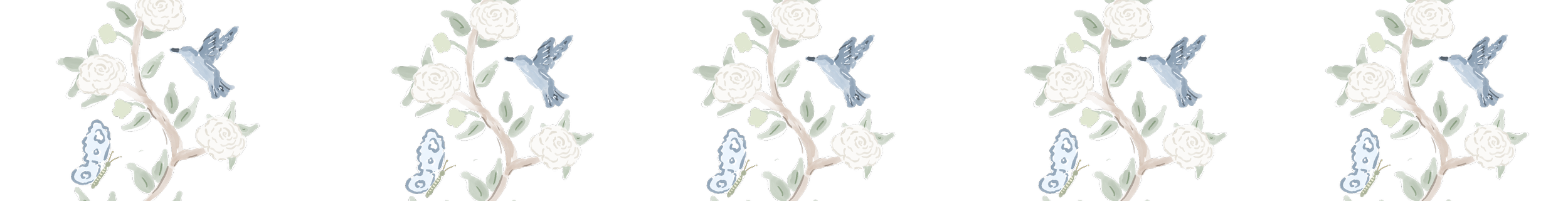Repeating pattern of a branch with white roses, blue butterflies, and blue and white moths on it.