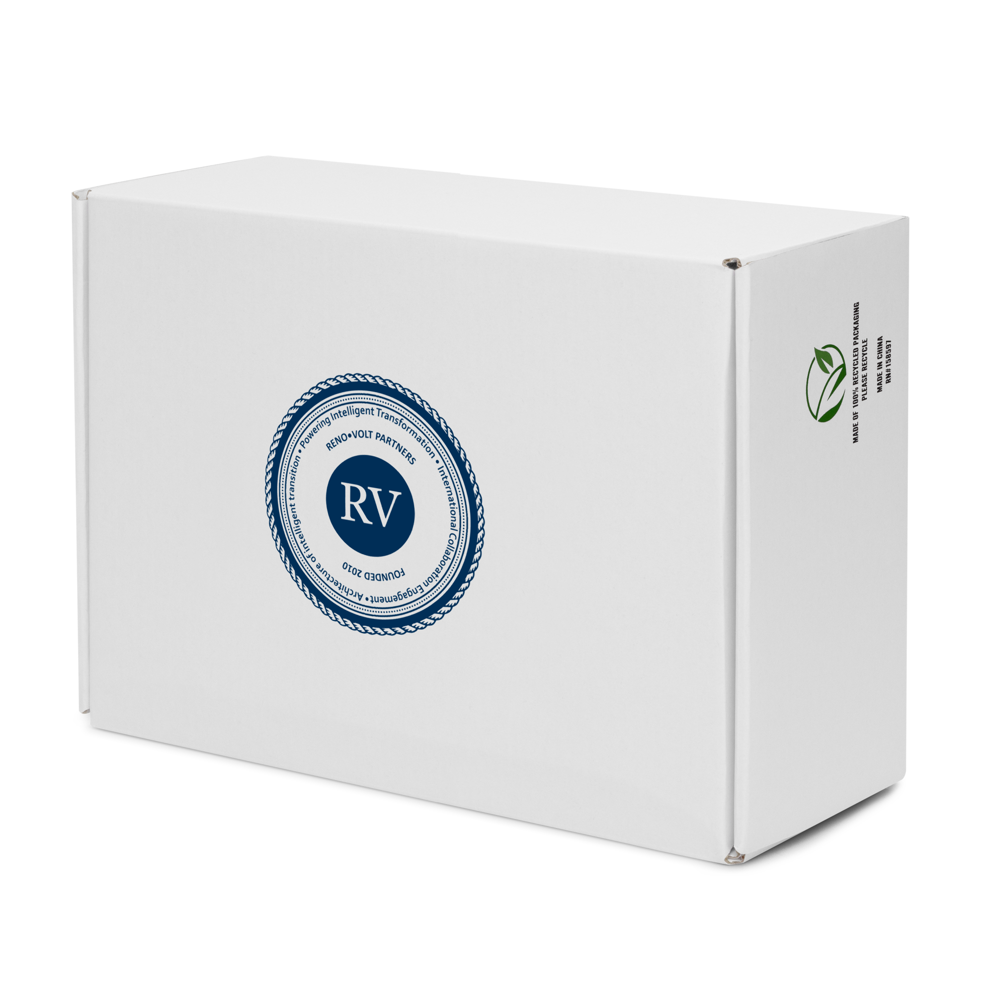 Close-up of a white cardboard box with a blue circular logo and text, positioned on a black surface, displaying part of the box and the logo.