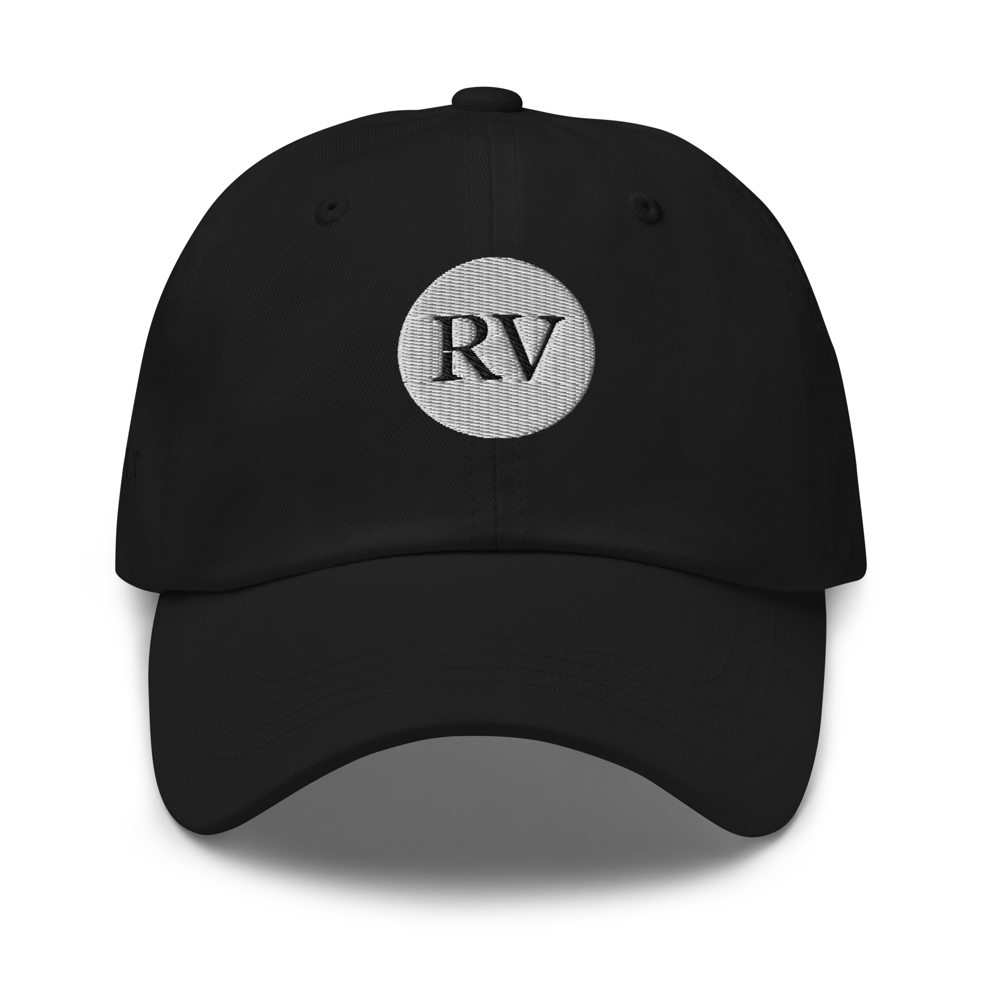 Black baseball cap with gray circular patch featuring the letters 'RV' embroidered in black.