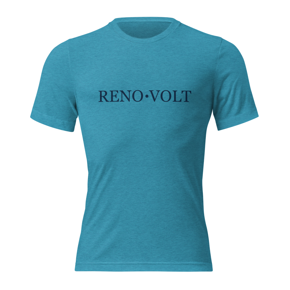 A blue T-shirt with the text 'RENO VOLT' printed on the front.