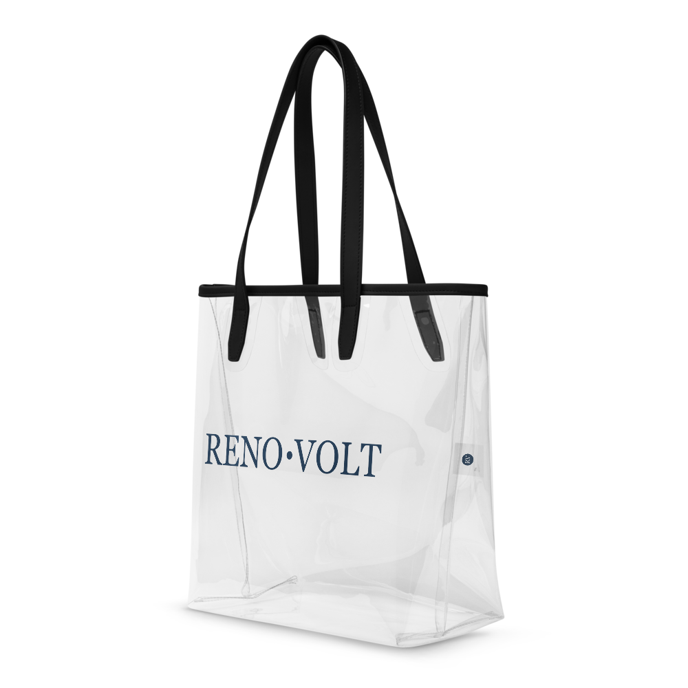 A transparent tote bag with black handles and blue text that reads "RENO-VOLT" on a black background.