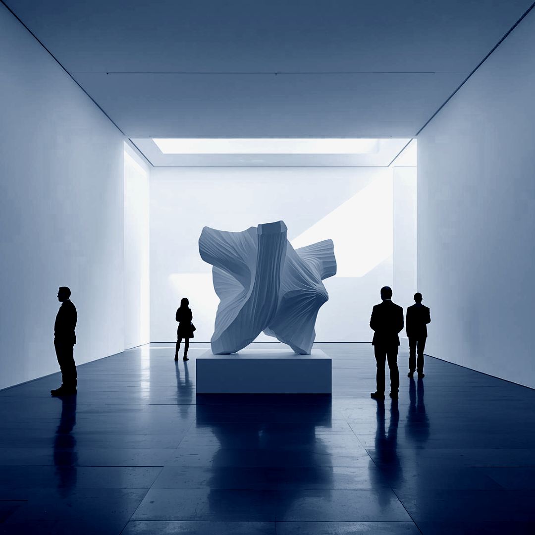 Art museum with a large abstract sculpture in the center, four silhouetted visitors viewing the artwork, minimalist design, with light streaming in from a skylight.