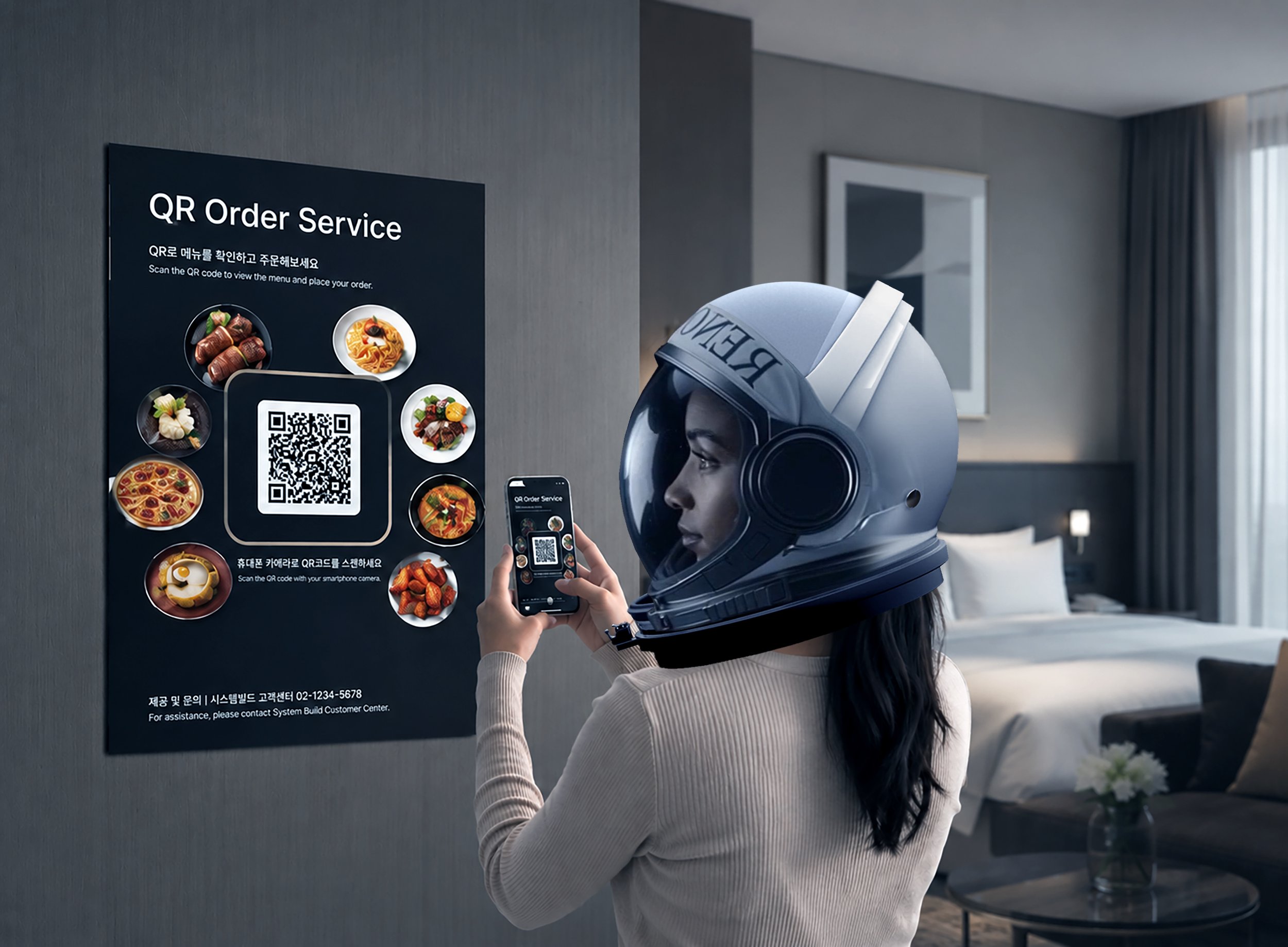 A woman wearing a robot helmet is using her smartphone at a digital food ordering kiosk with a QR code and images of different dishes in a modern interior.