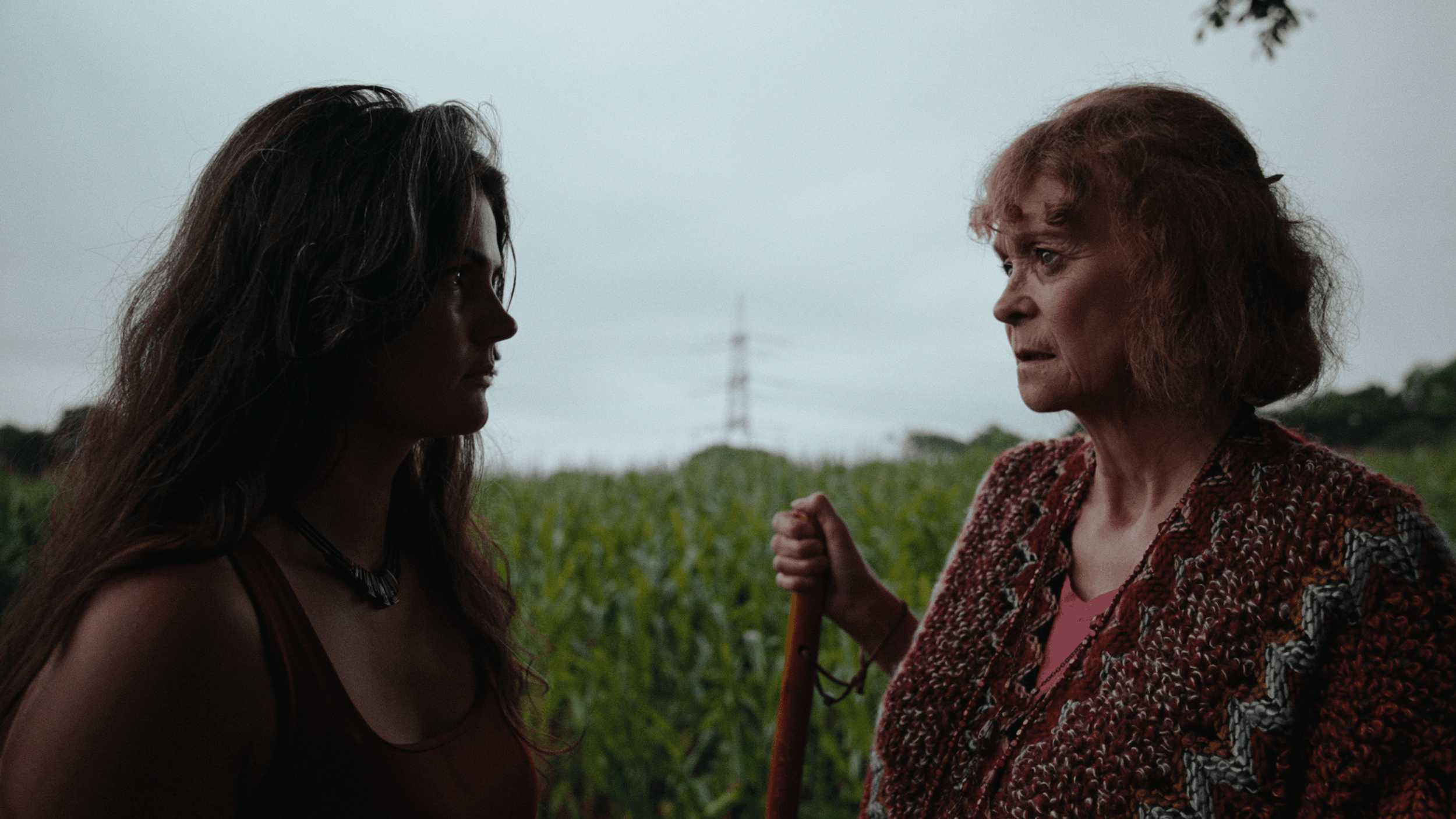 A young woman and an older woman facing each other outdoors, with green fields and an overcast sky in the background. The older woman appears to be speaking or shouting, while the young woman looks on with a serious expression.